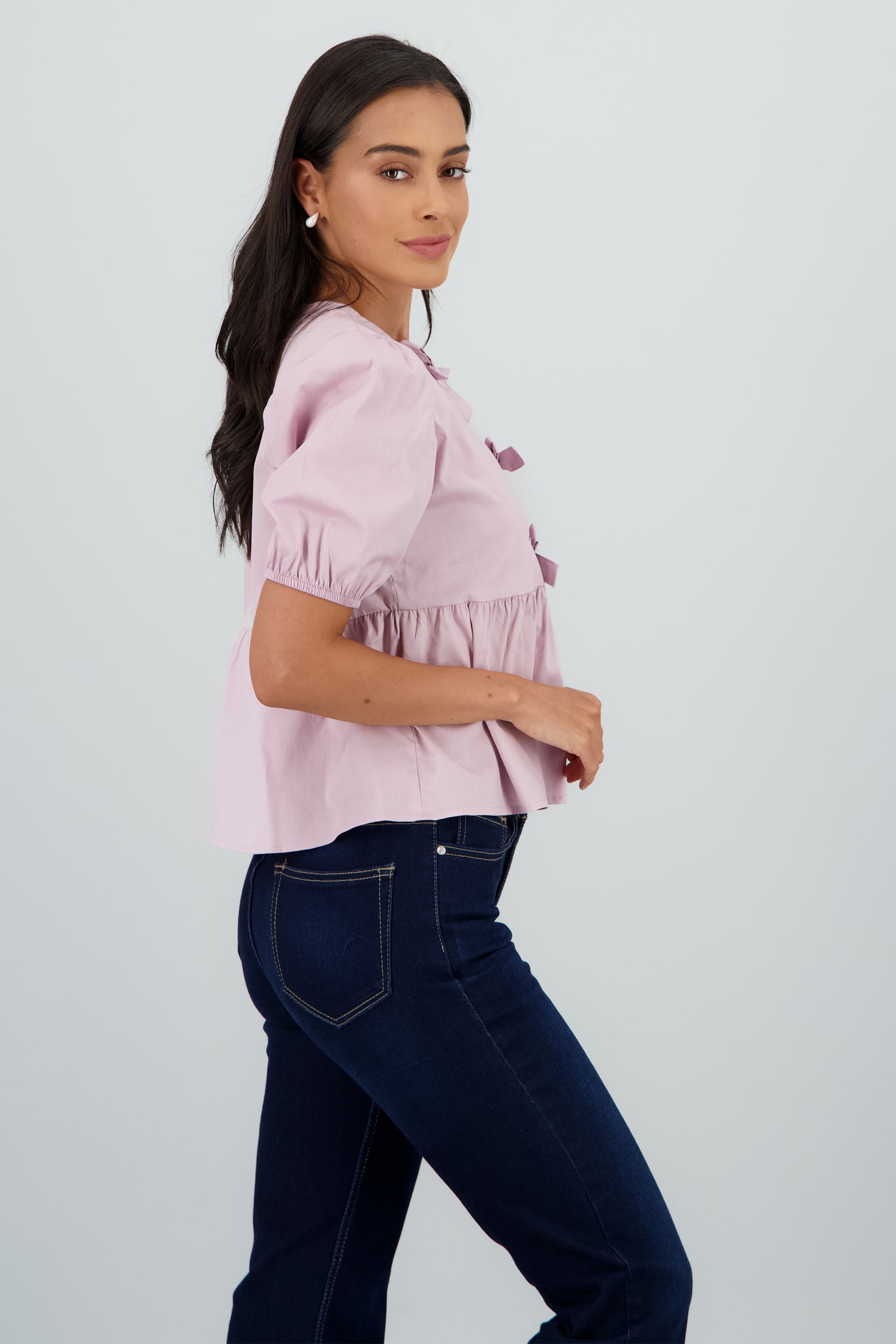 Blusa mangas abullonadas detalle moños ROSA PASTEL