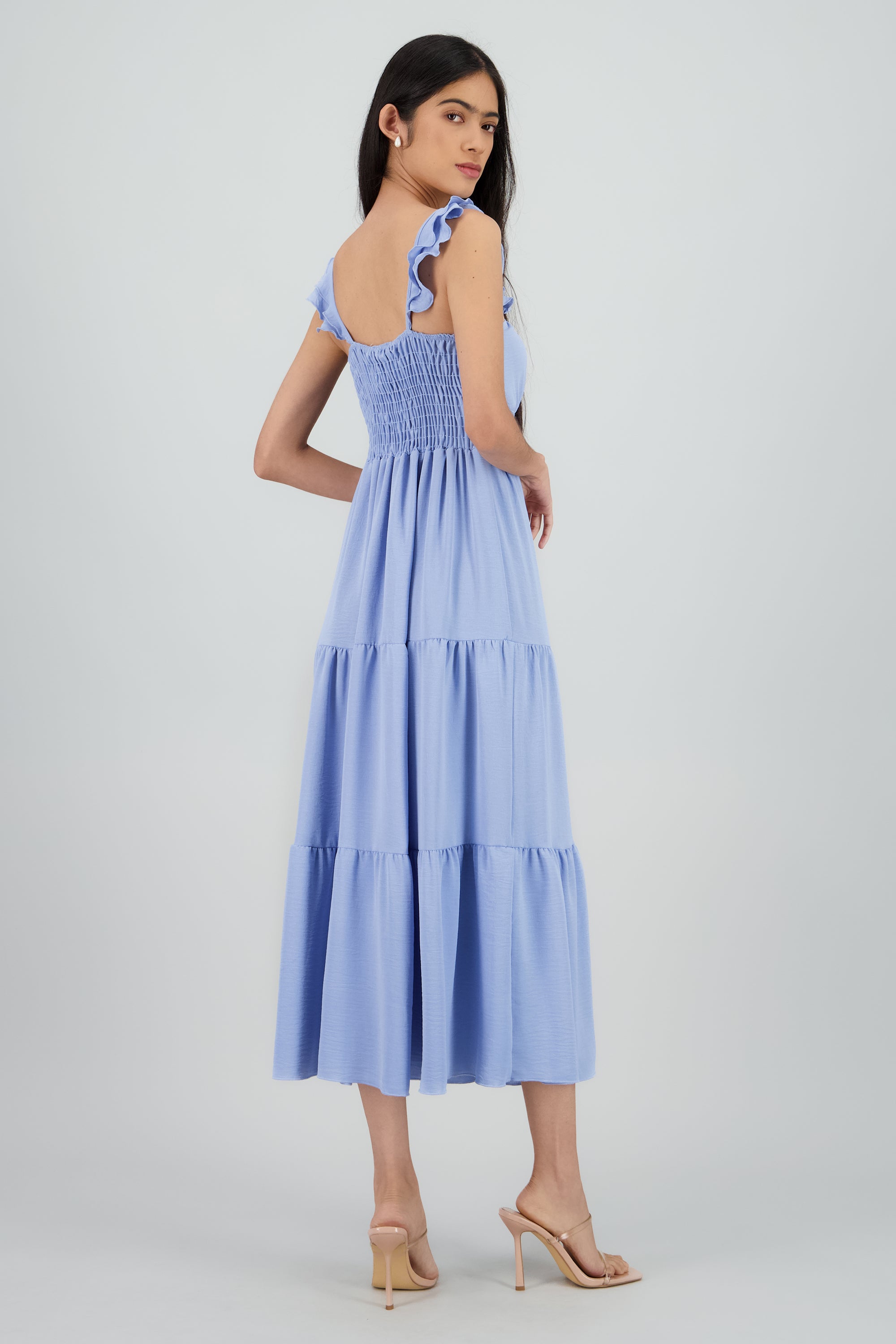 Vestido maxi con olanes AZUL PASTEL