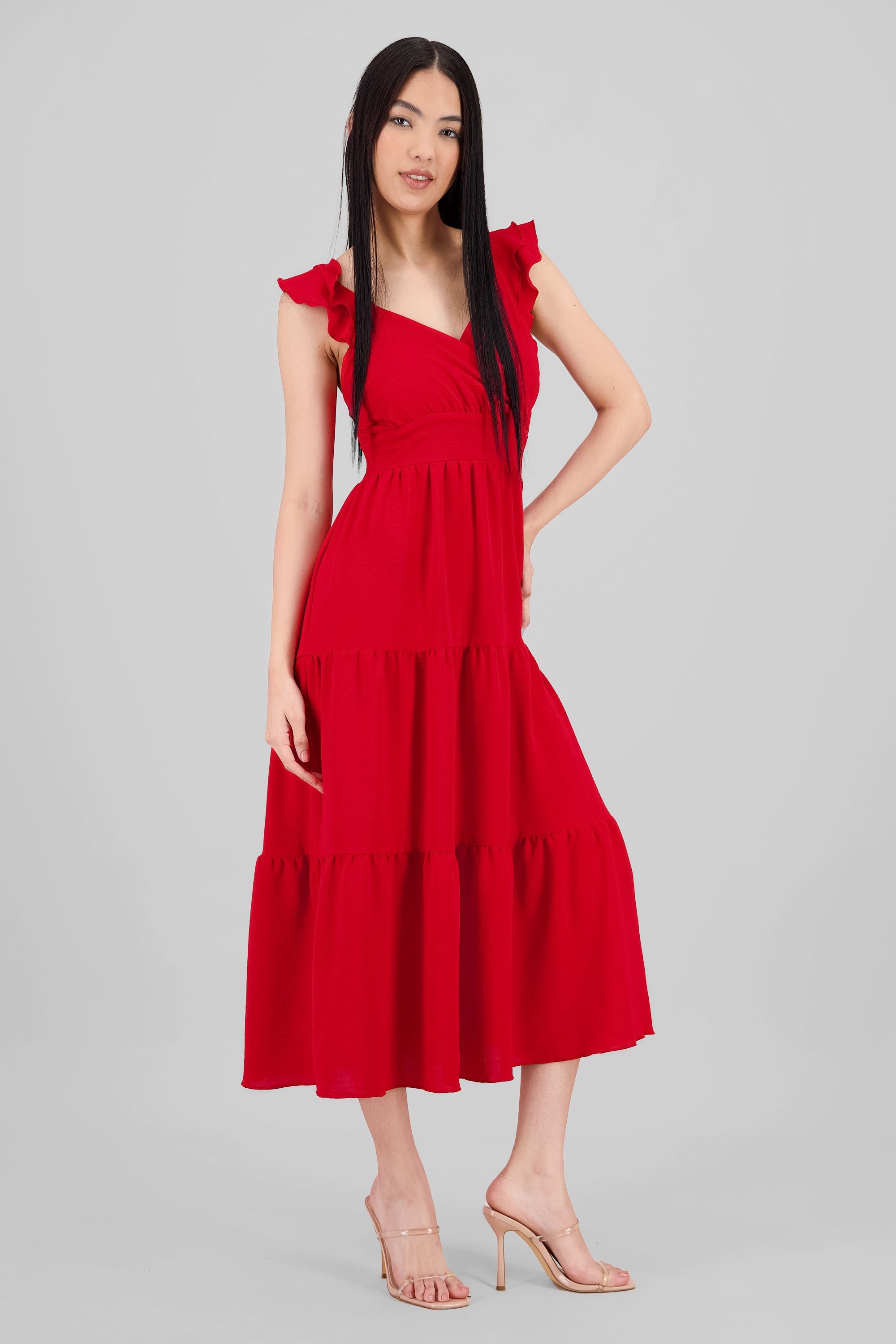 Vestido maxi con olanes ROJO