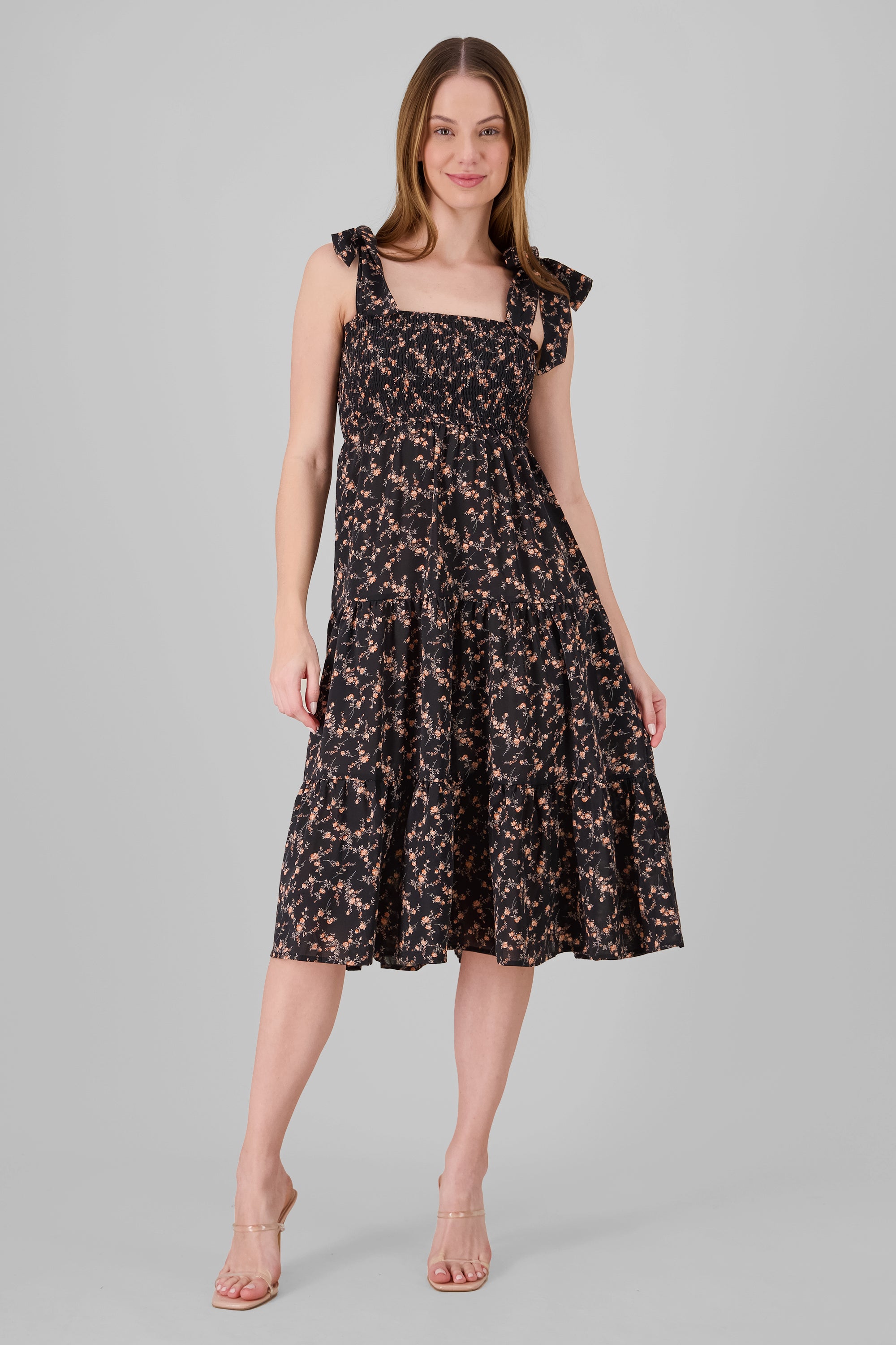 Vestido midi mini flores NEGRO COMBO