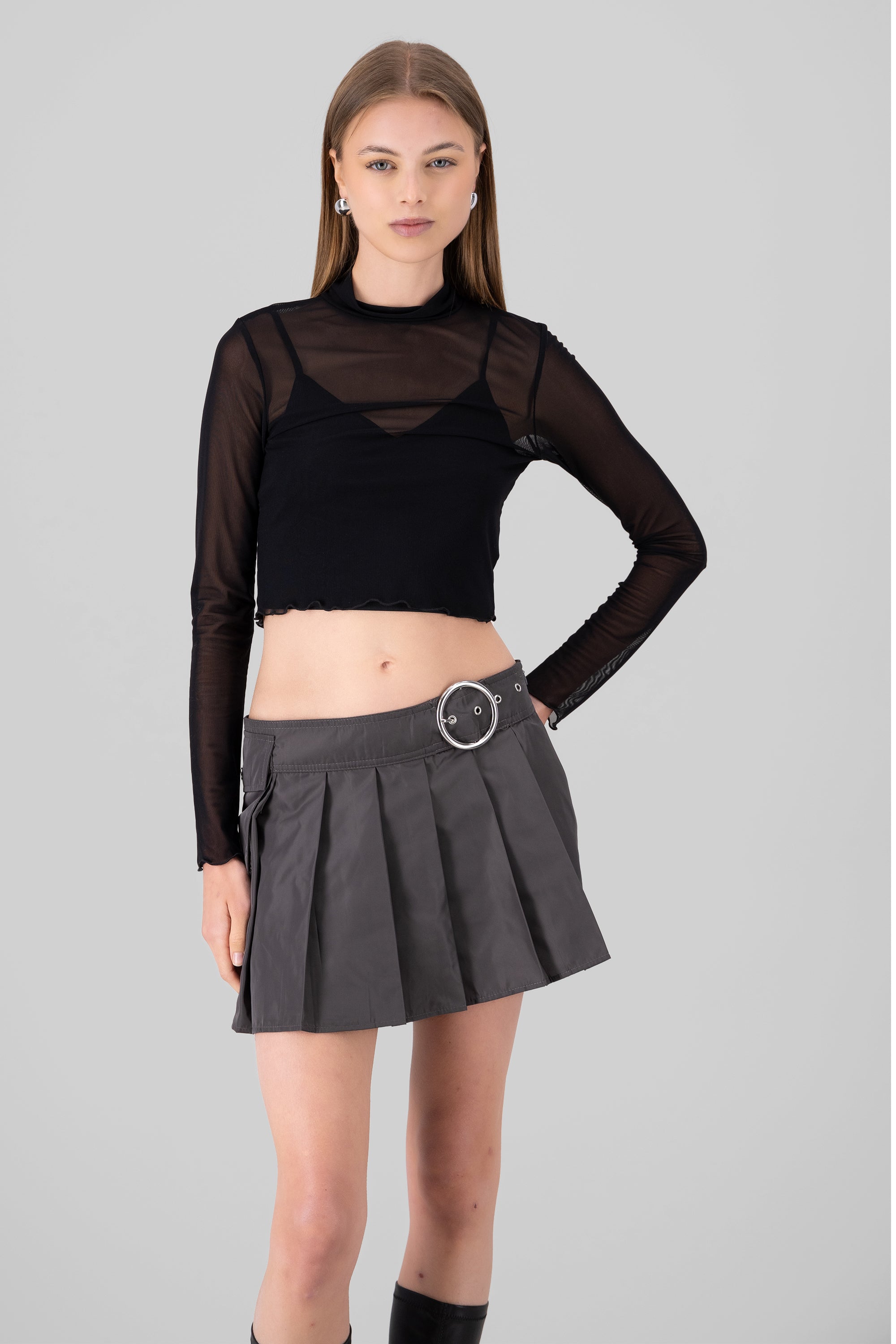 Top de mesh manga larga liso NEGRO