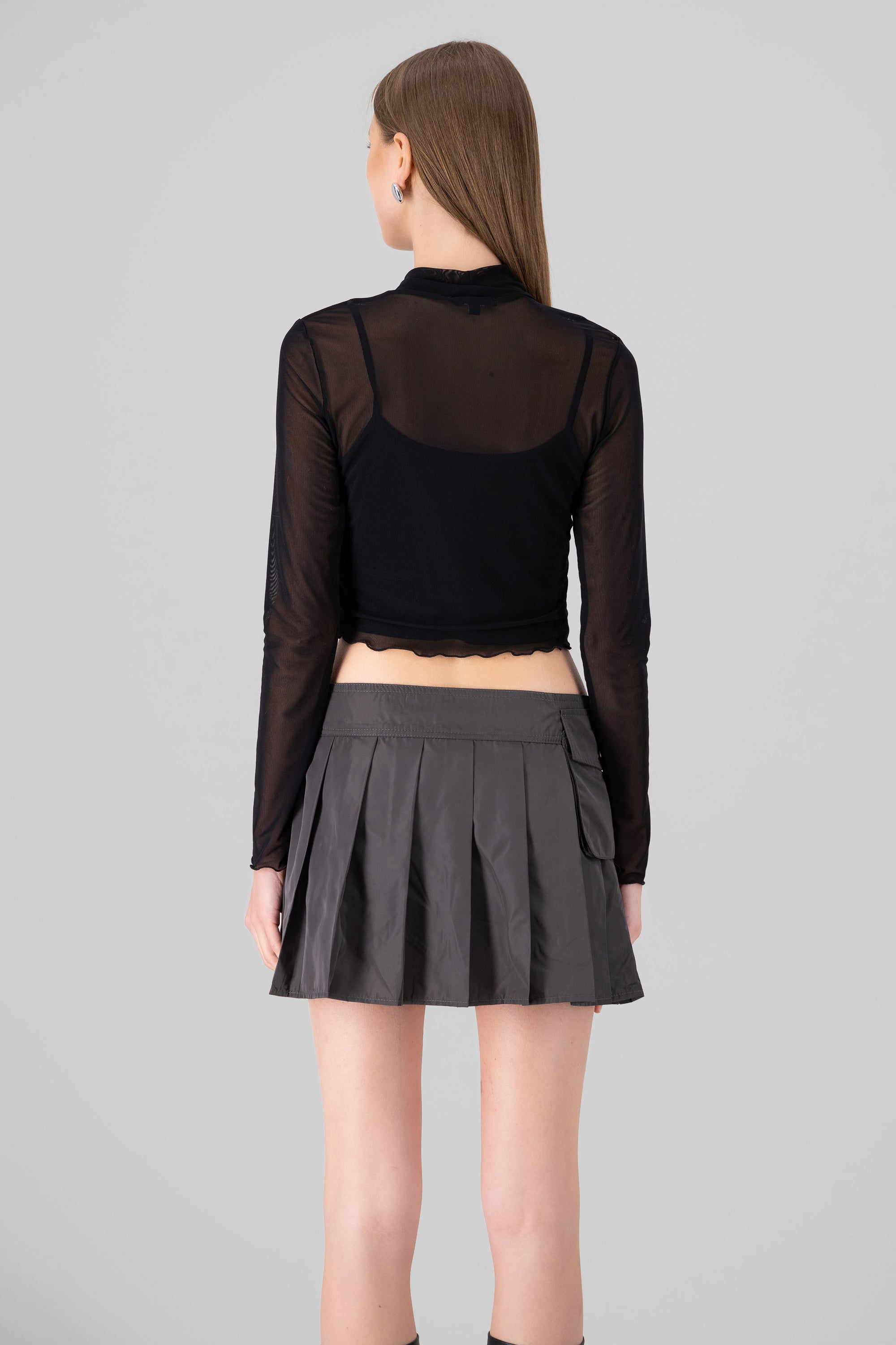 Top de mesh manga larga liso NEGRO