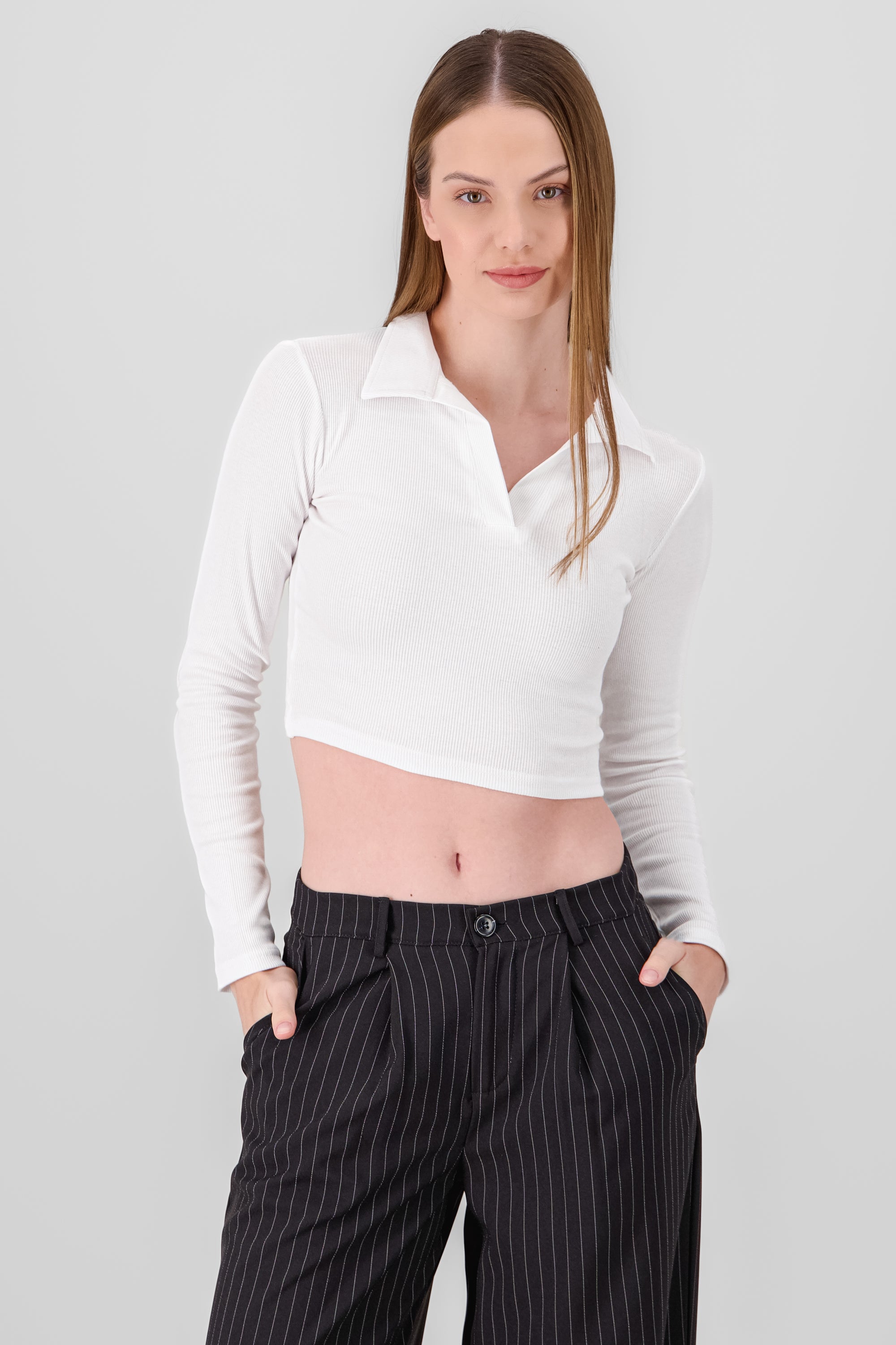 Top polo liso manga larga BLANCO