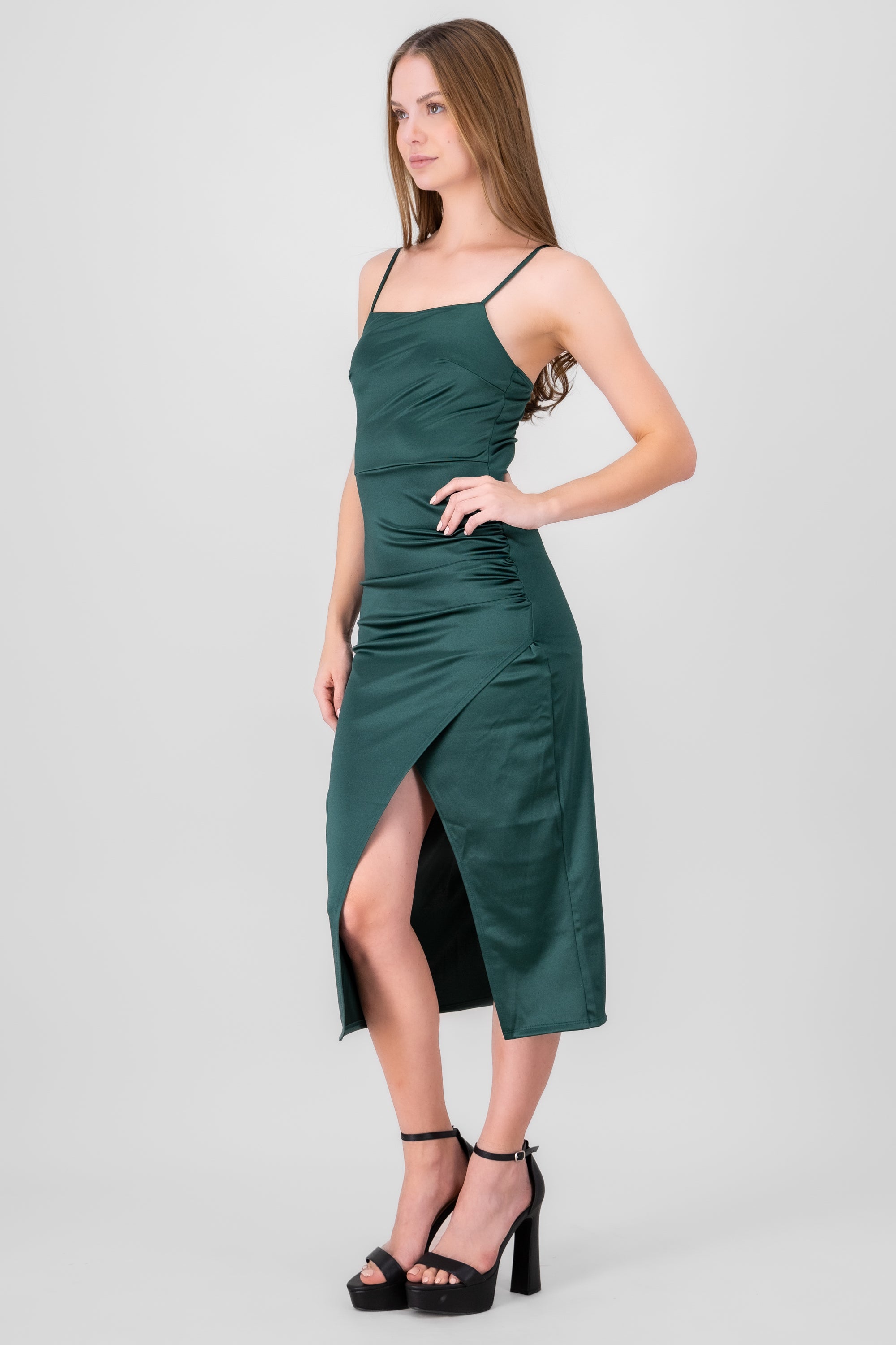 Vestido mini satinado escote cascada VERDE CAZADOR