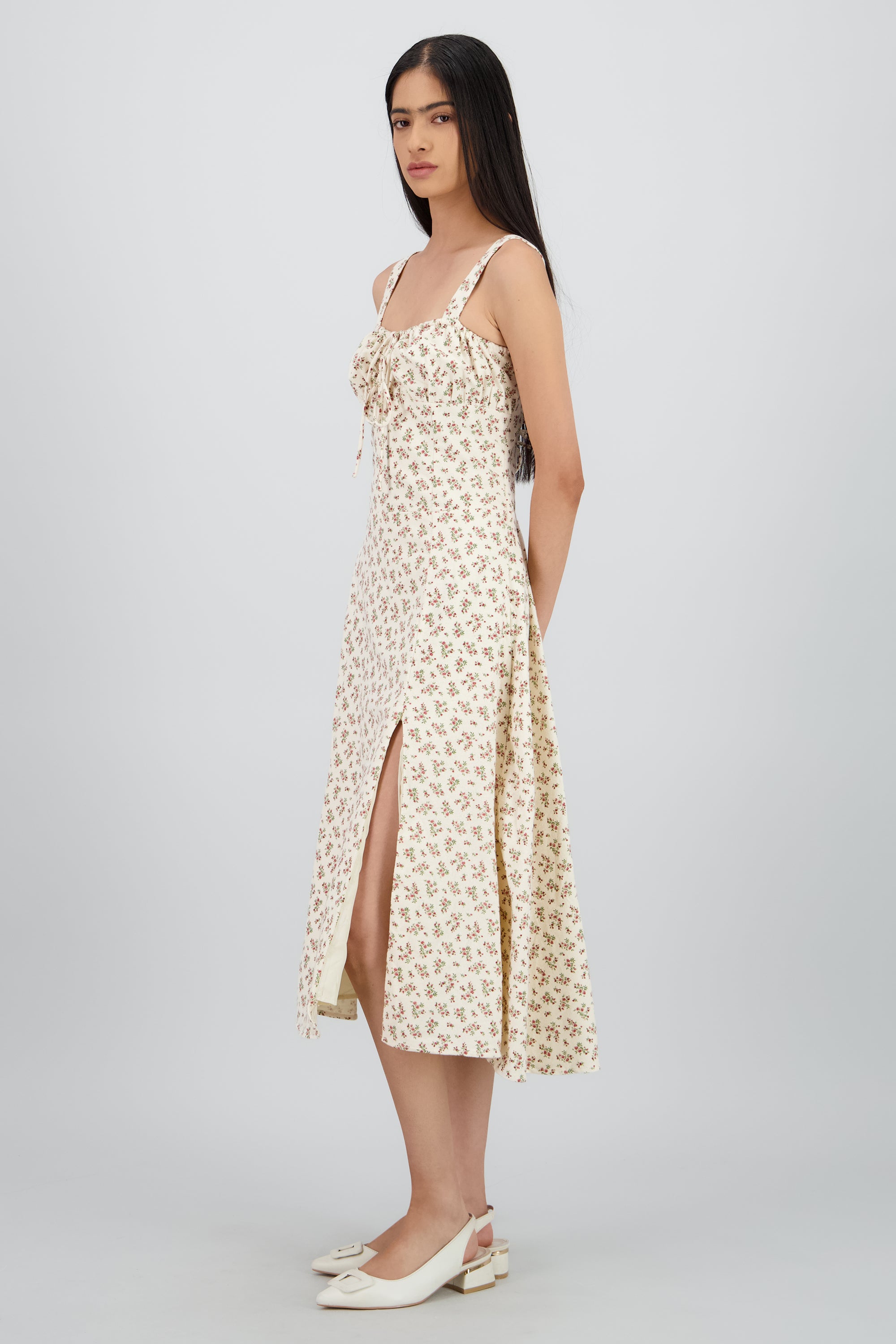Vestido midi estampado flores HUESO COMBO