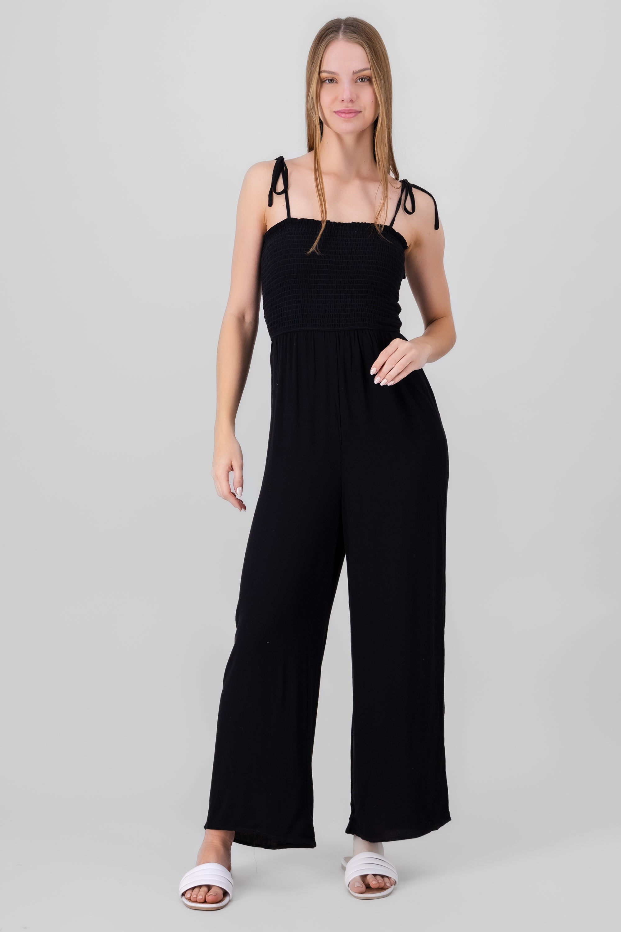 Jumpsuit wide leg liso smocked NEGRO