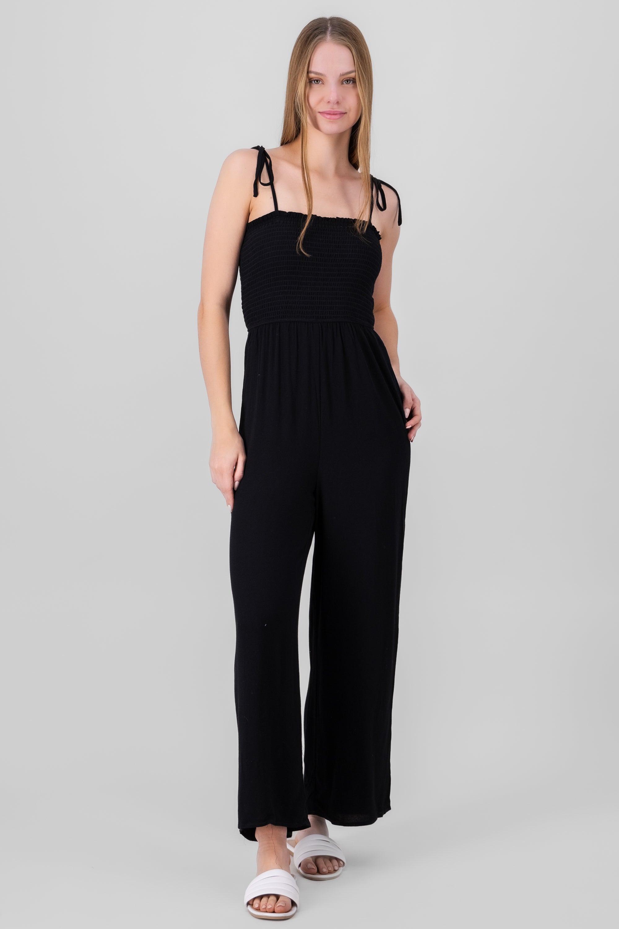 Jumpsuit wide leg liso smocked NEGRO