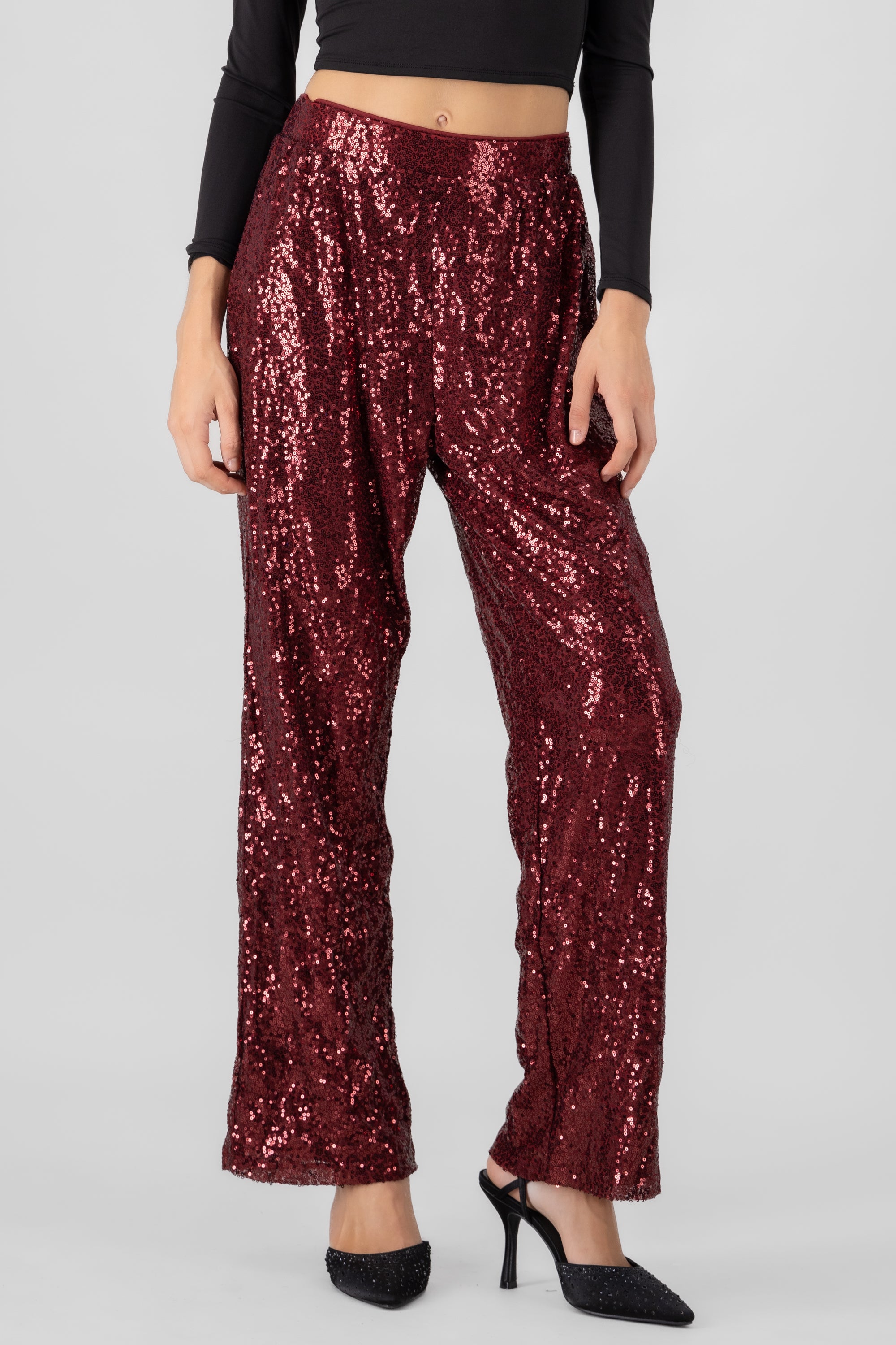 Pantalon fluido brillos VINO