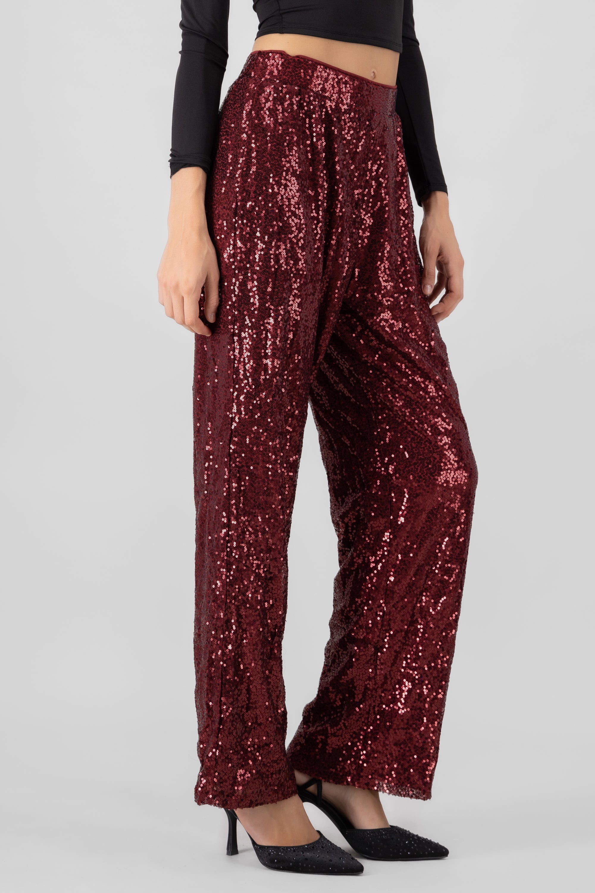 Pantalon fluido brillos VINO