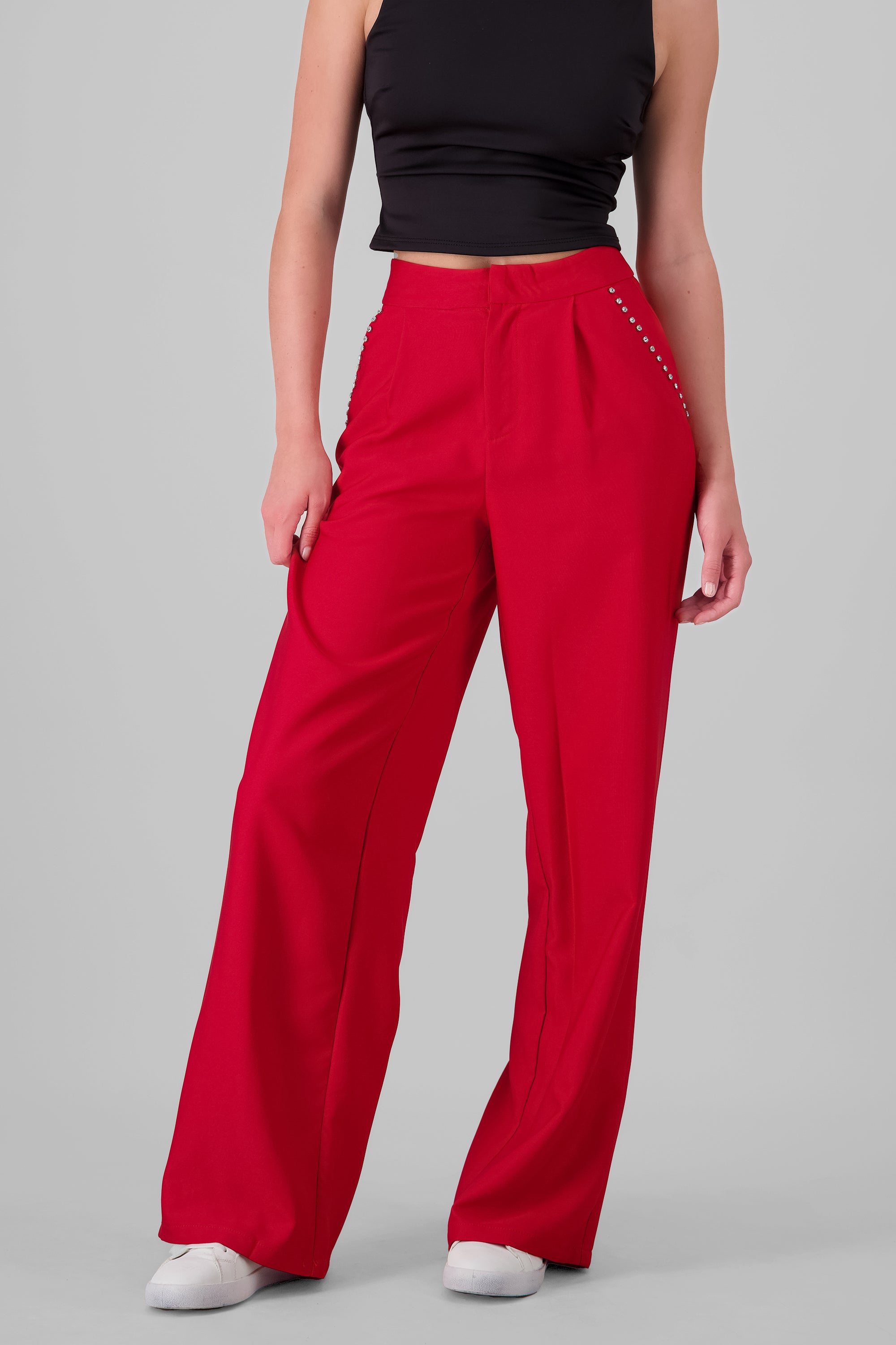 Pantalon sastre detalle brillos ROJO