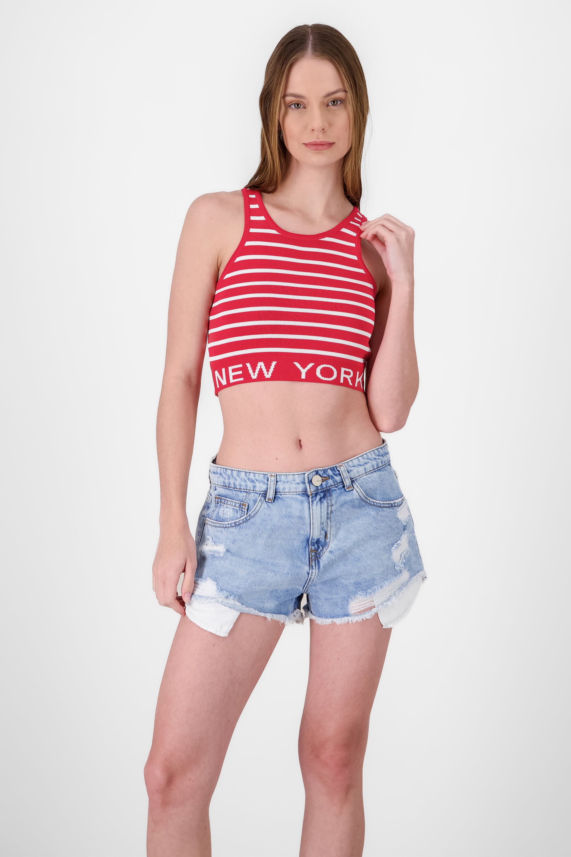 Top sin mangas rayas detalle new york ROJO