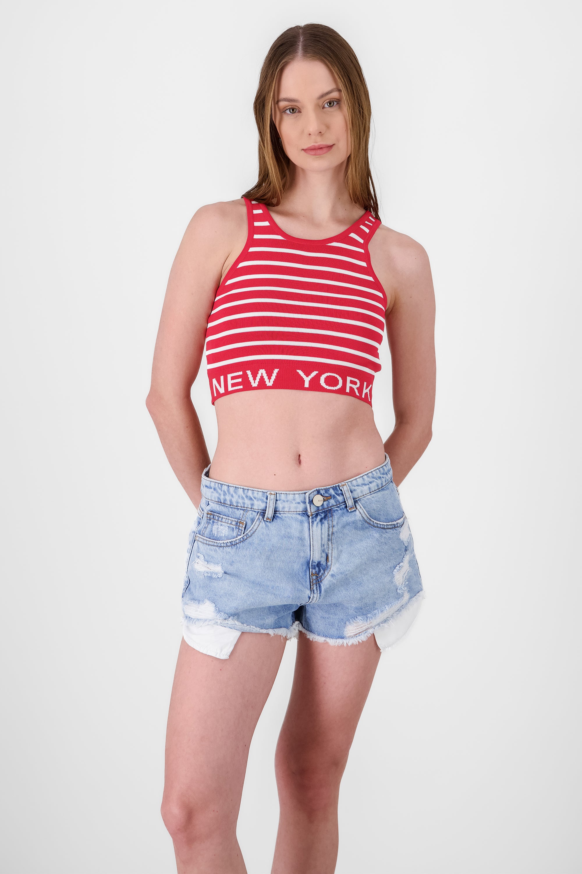 Top sin mangas rayas detalle new york ROJO