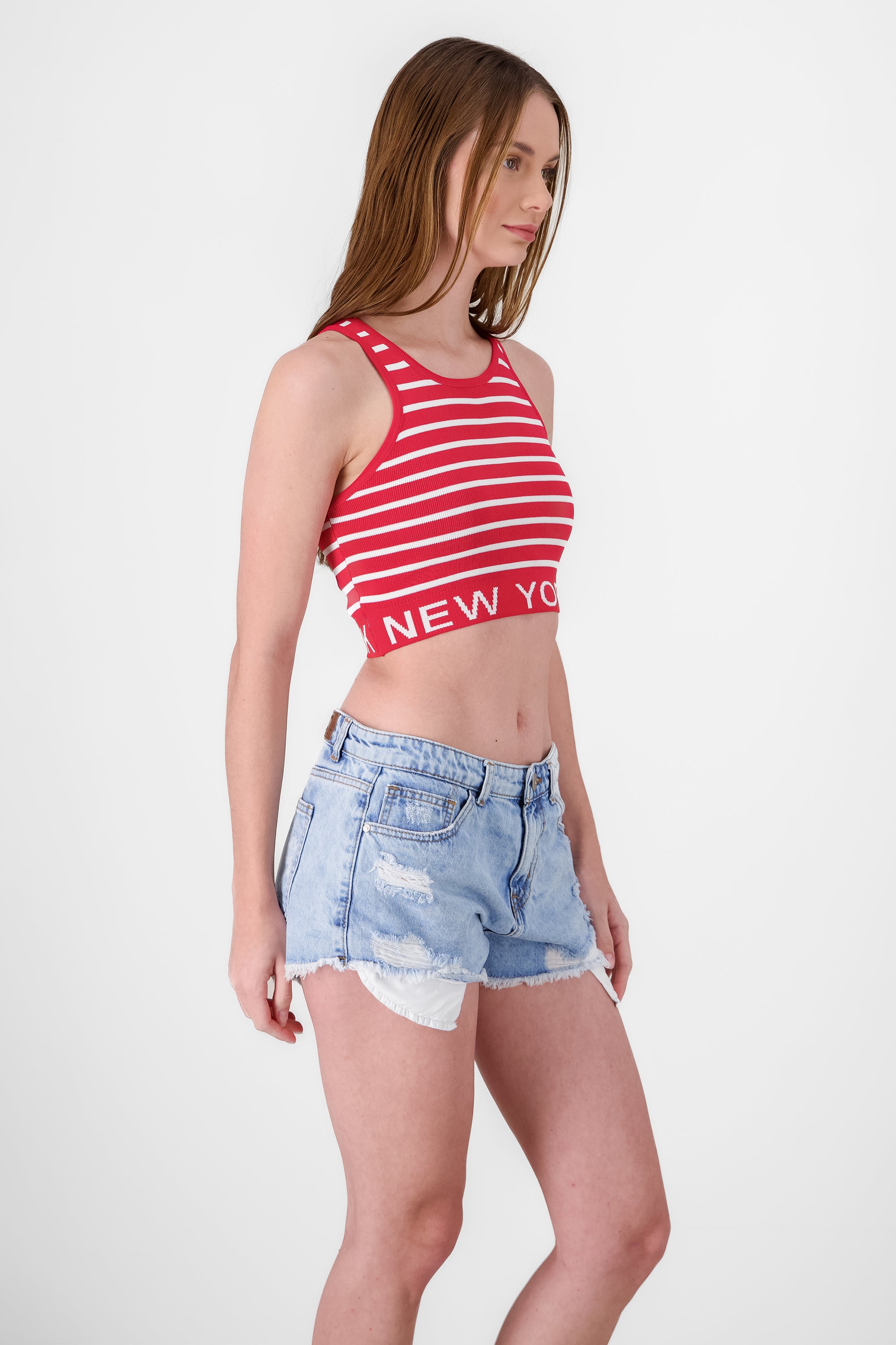 Top sin mangas rayas detalle new york ROJO