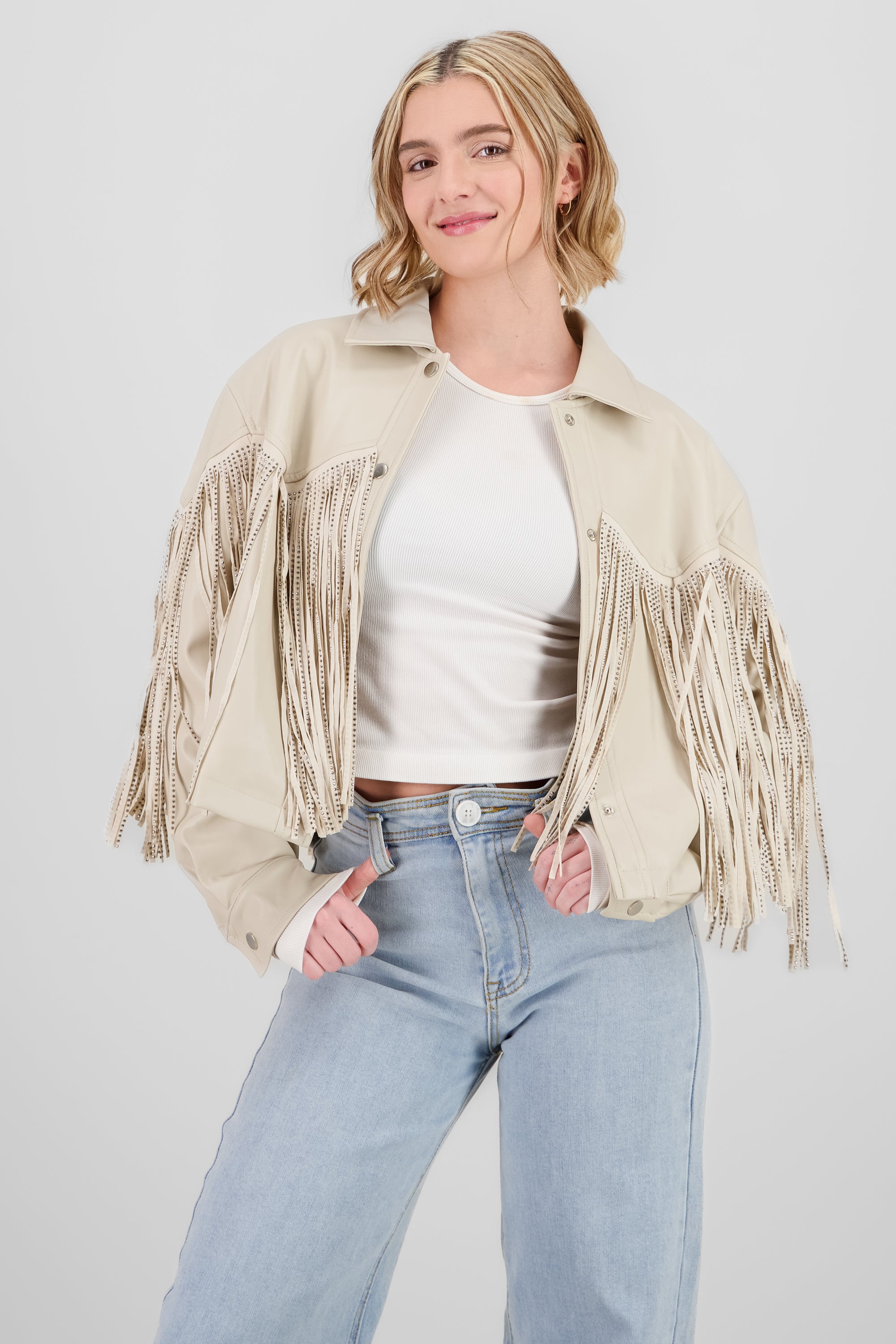 CHAMARRA FRINGE BRILLOS BEIGE