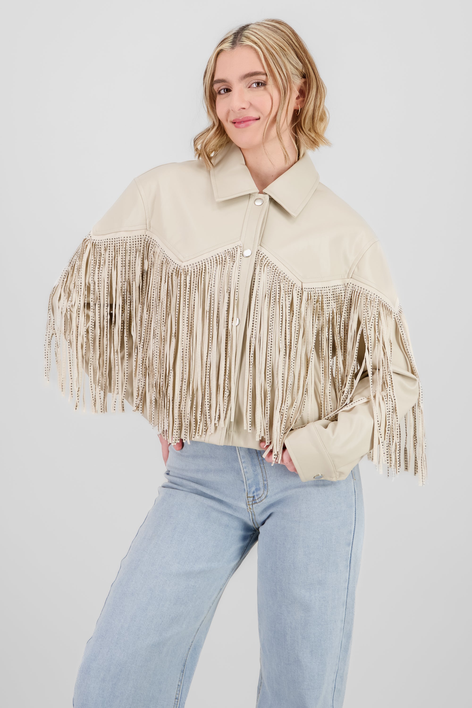 CHAMARRA FRINGE BRILLOS BEIGE