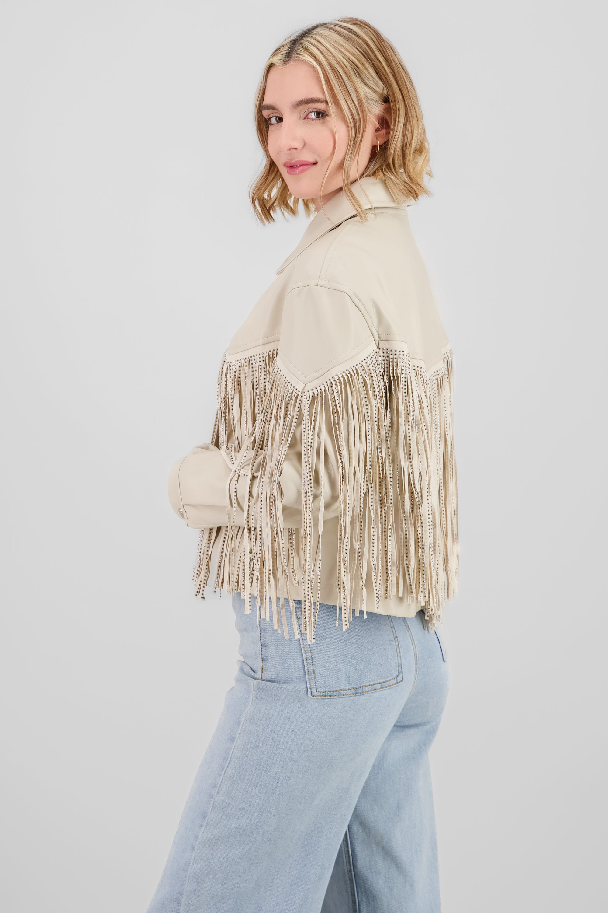 CHAMARRA FRINGE BRILLOS BEIGE