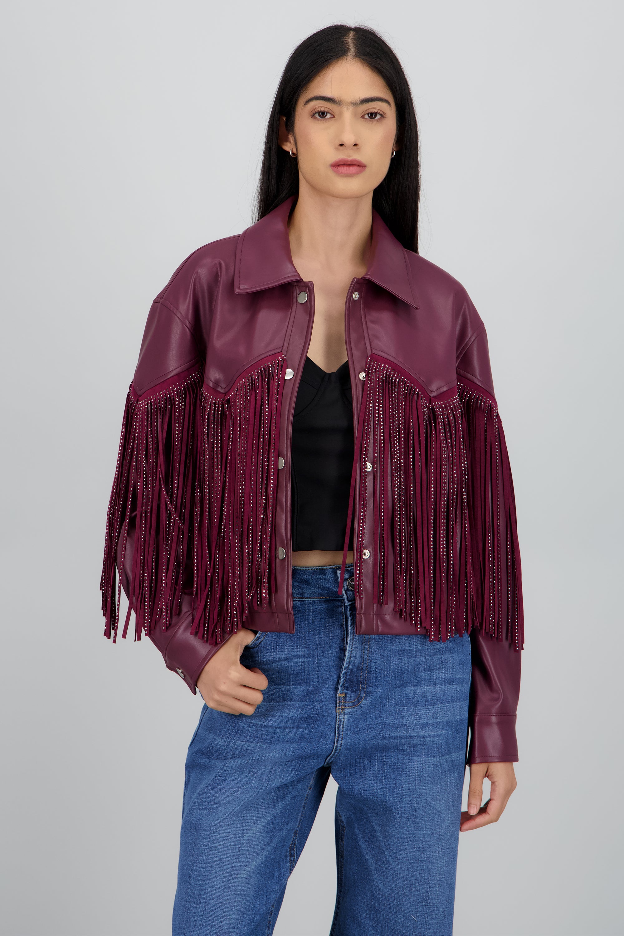 Chamarra Fringe Brillos CIRUELA