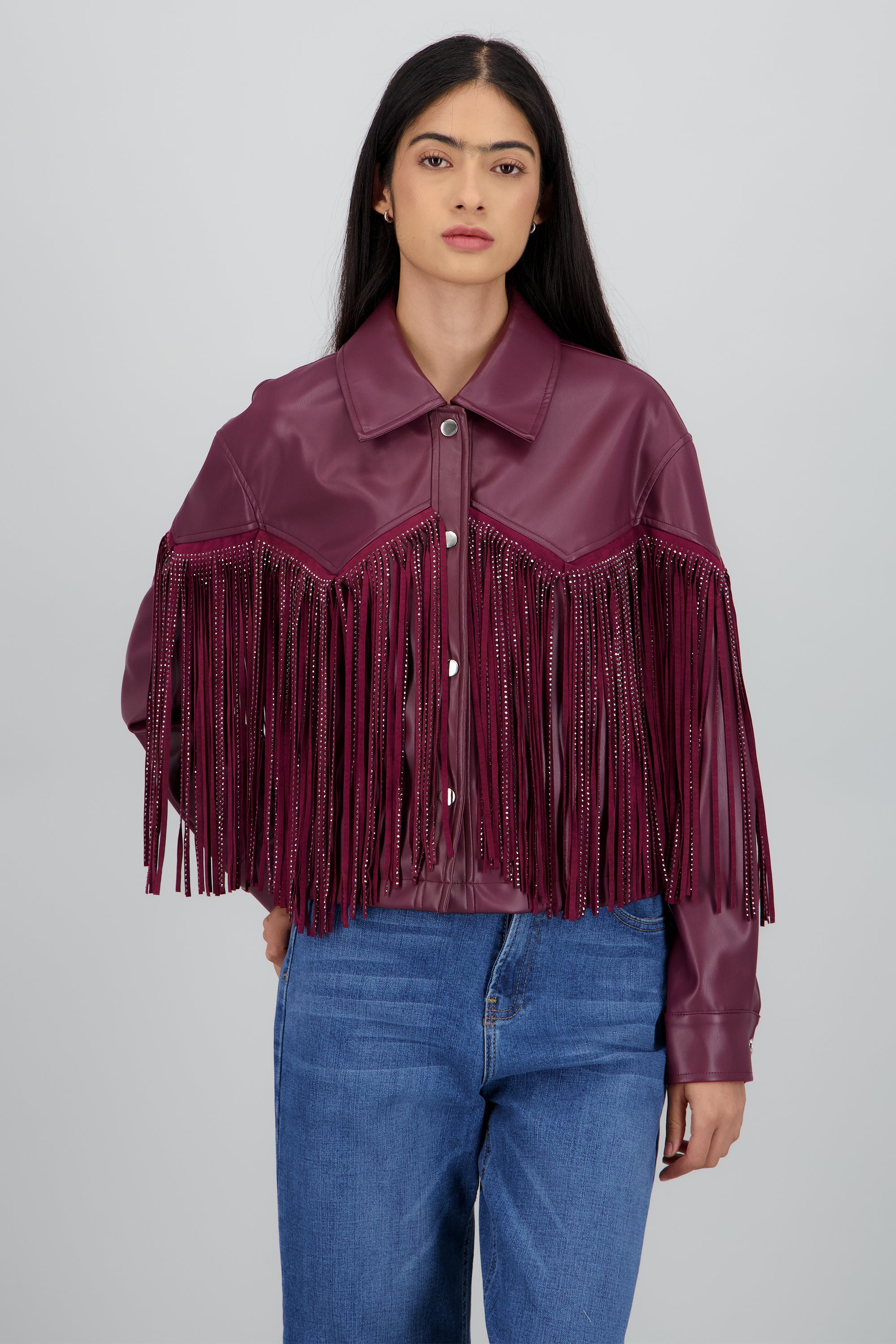 Chamarra Fringe Brillos CIRUELA