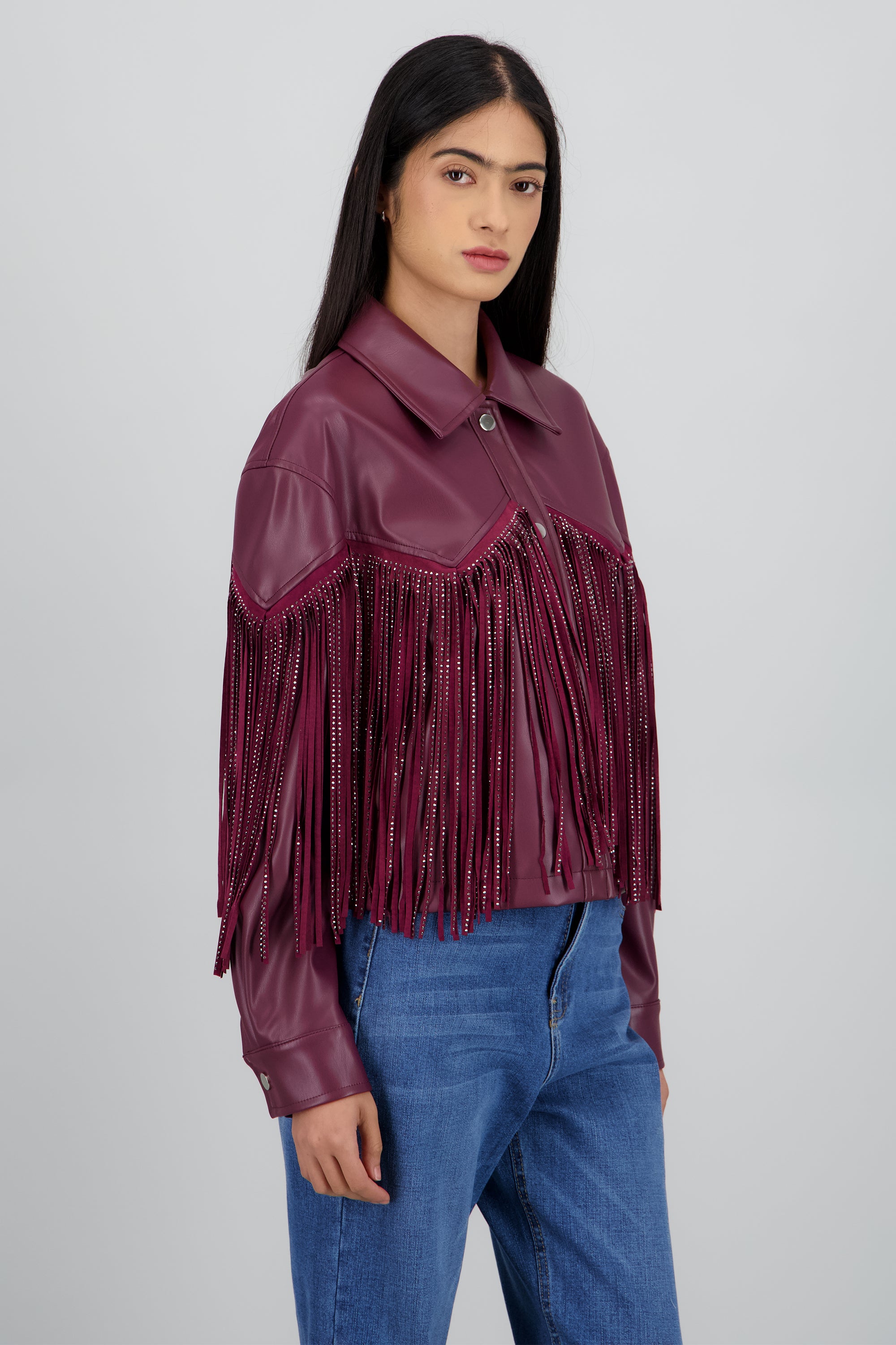Chamarra Fringe Brillos CIRUELA
