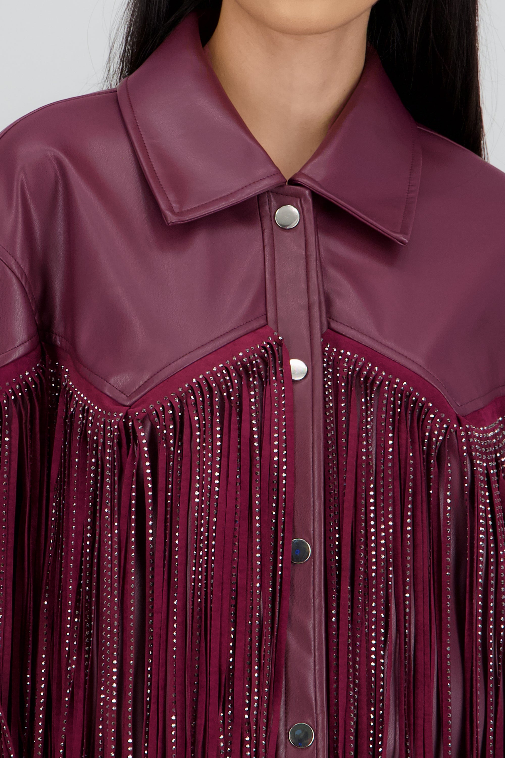 Chamarra Fringe Brillos CIRUELA