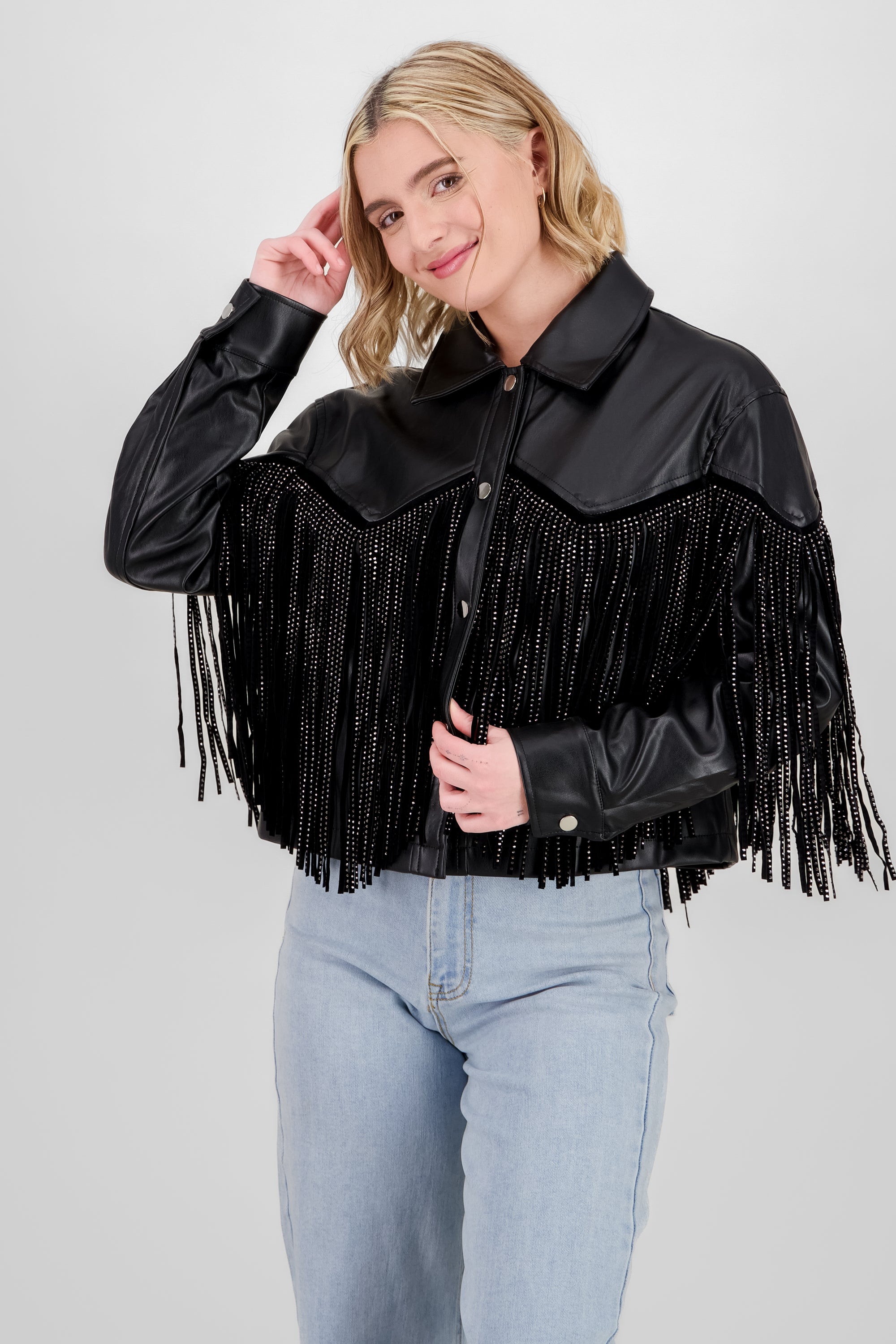 CHAMARRA FRINGE BRILLOS NEGRO