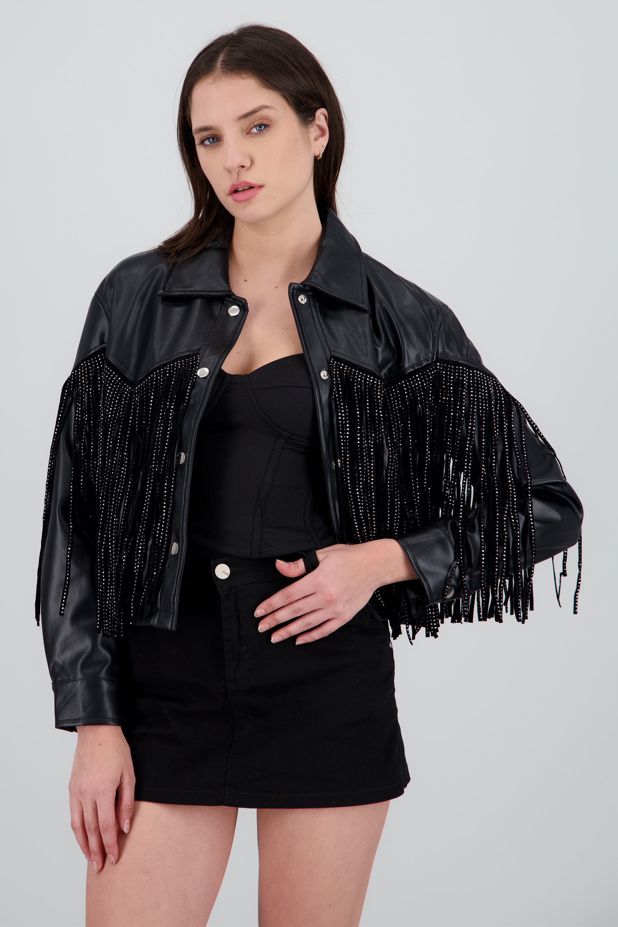Chamarra Fringe Brillos NEGRO