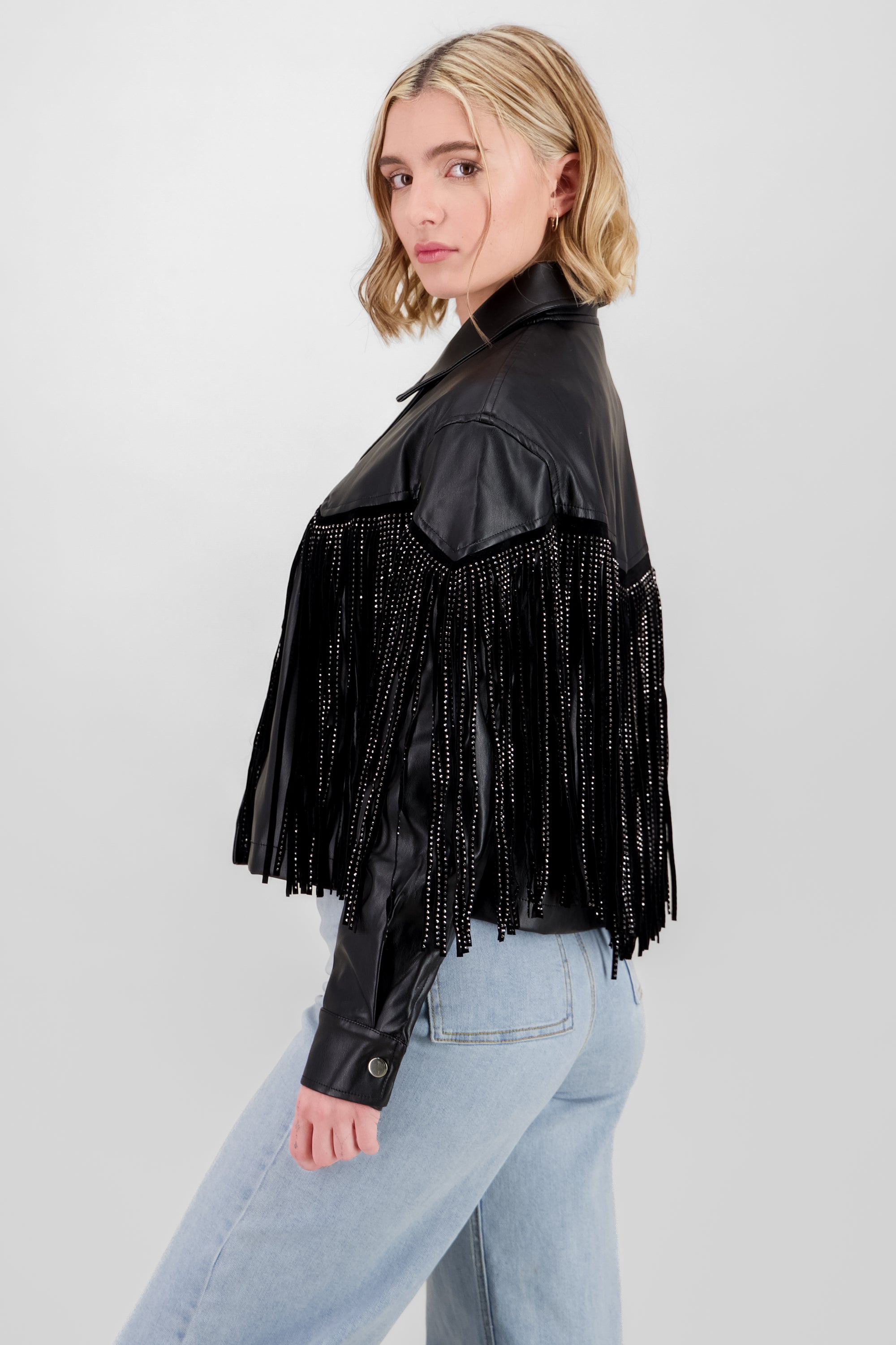 CHAMARRA FRINGE BRILLOS NEGRO