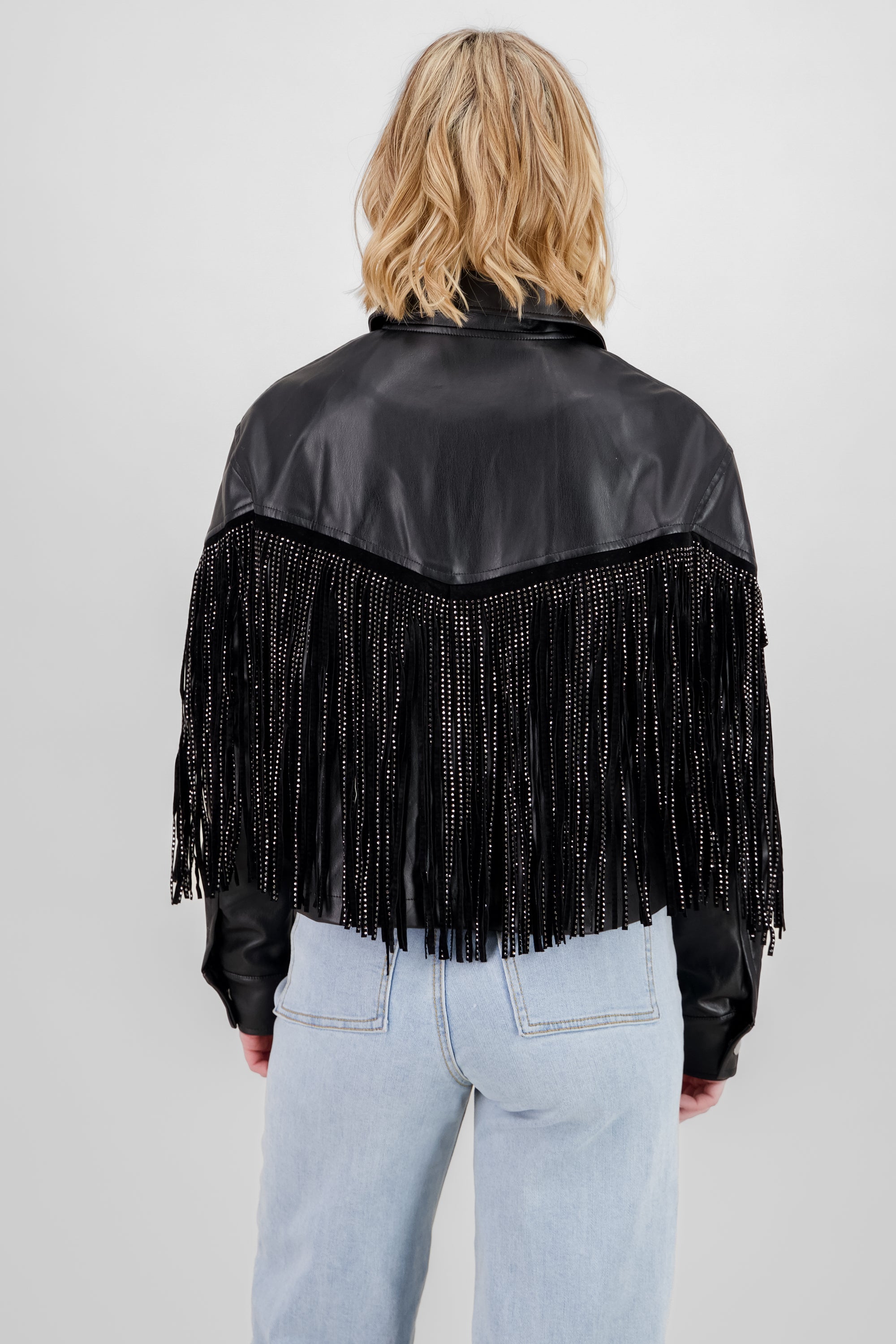 CHAMARRA FRINGE BRILLOS NEGRO