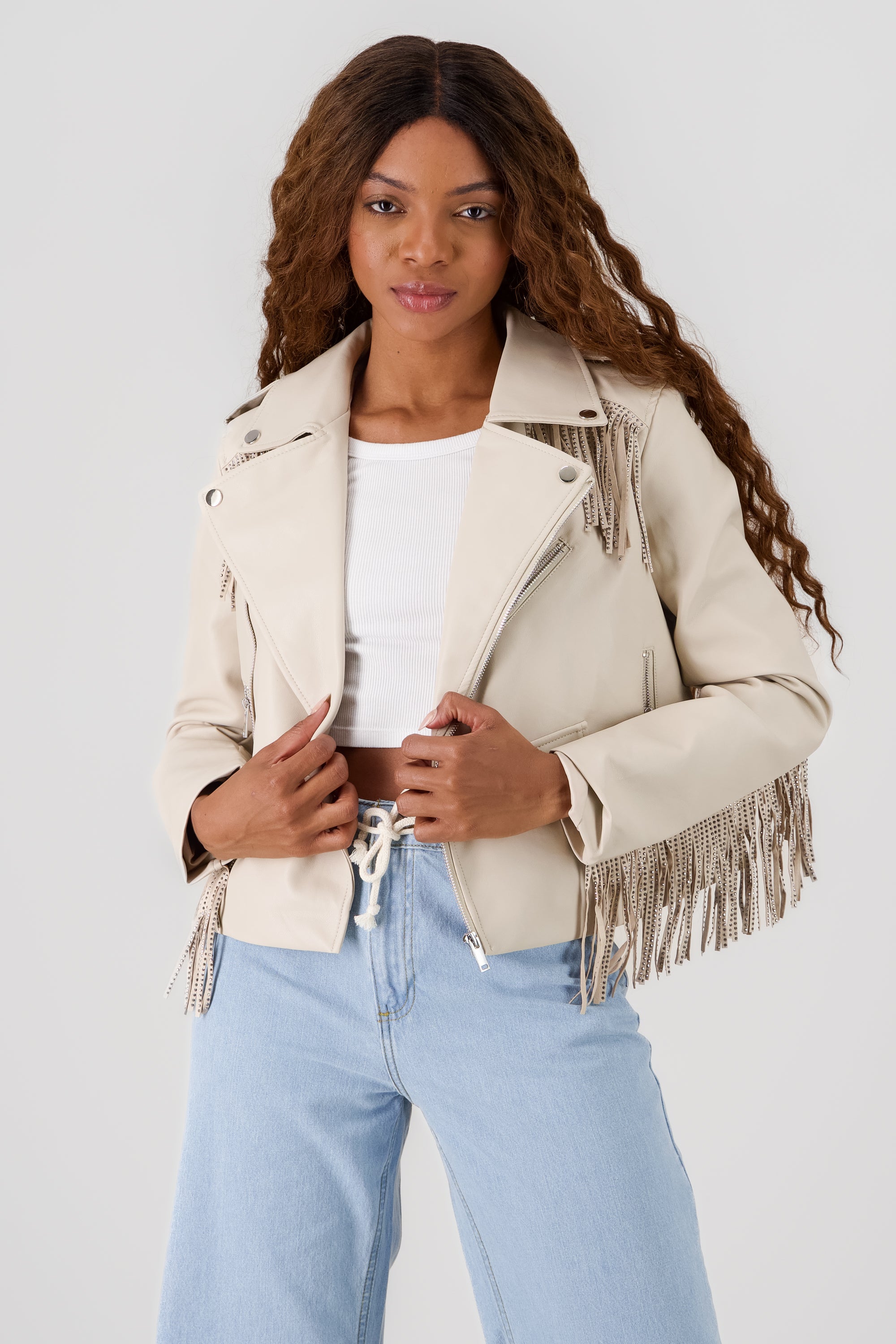 CHAMARRA BIKER FRINGE BRILLOS BEIGE