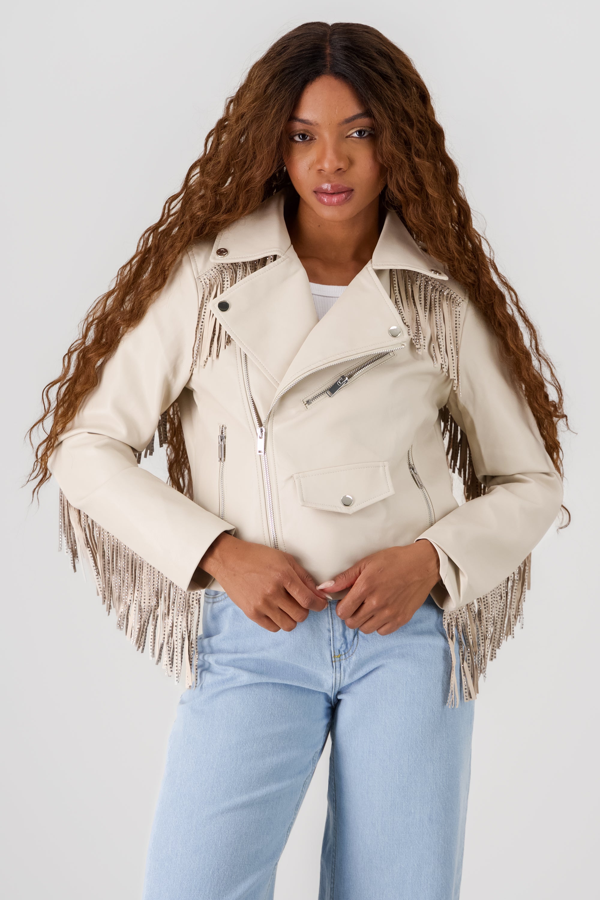 CHAMARRA BIKER FRINGE BRILLOS BEIGE