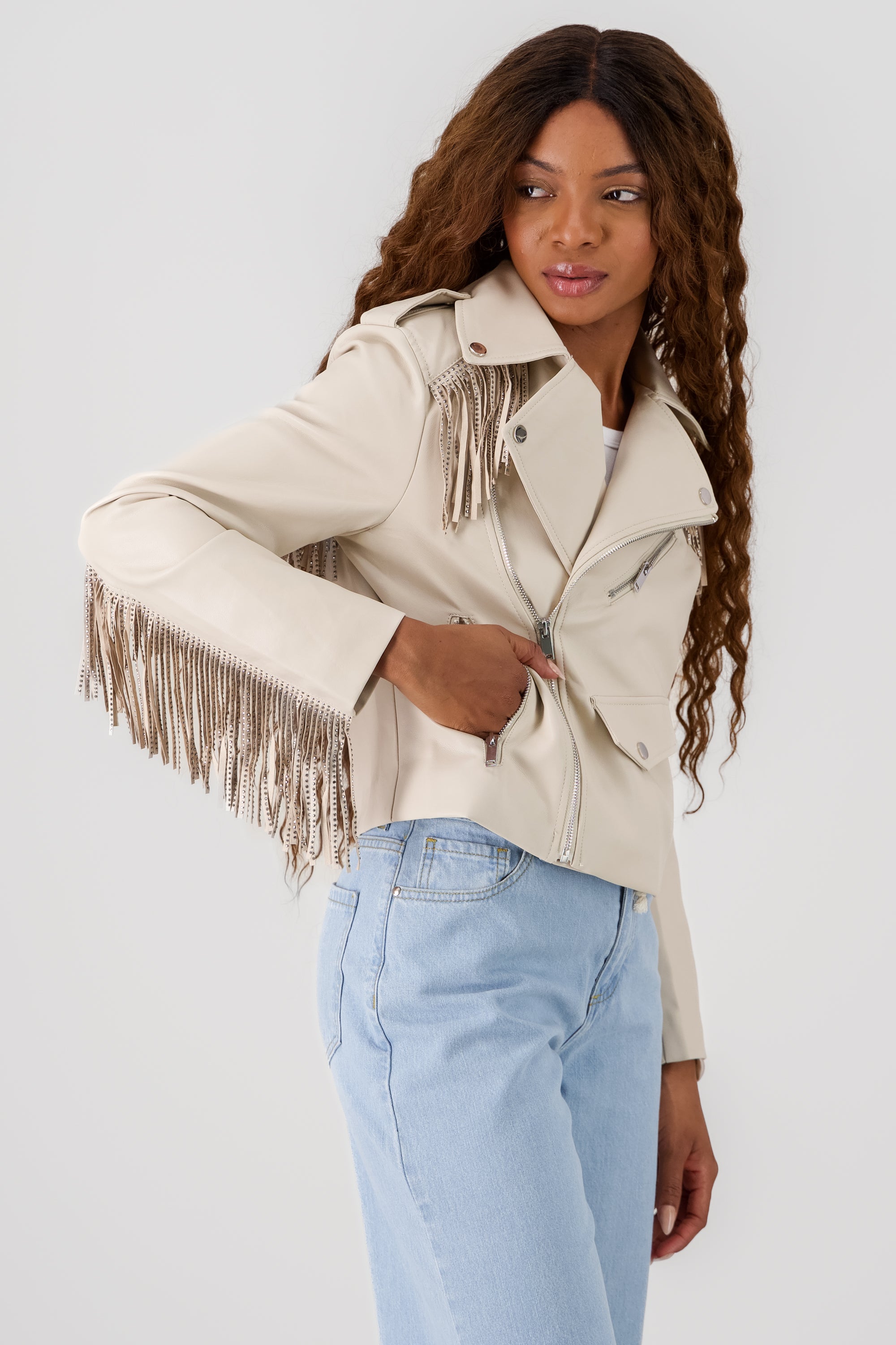 CHAMARRA BIKER FRINGE BRILLOS BEIGE