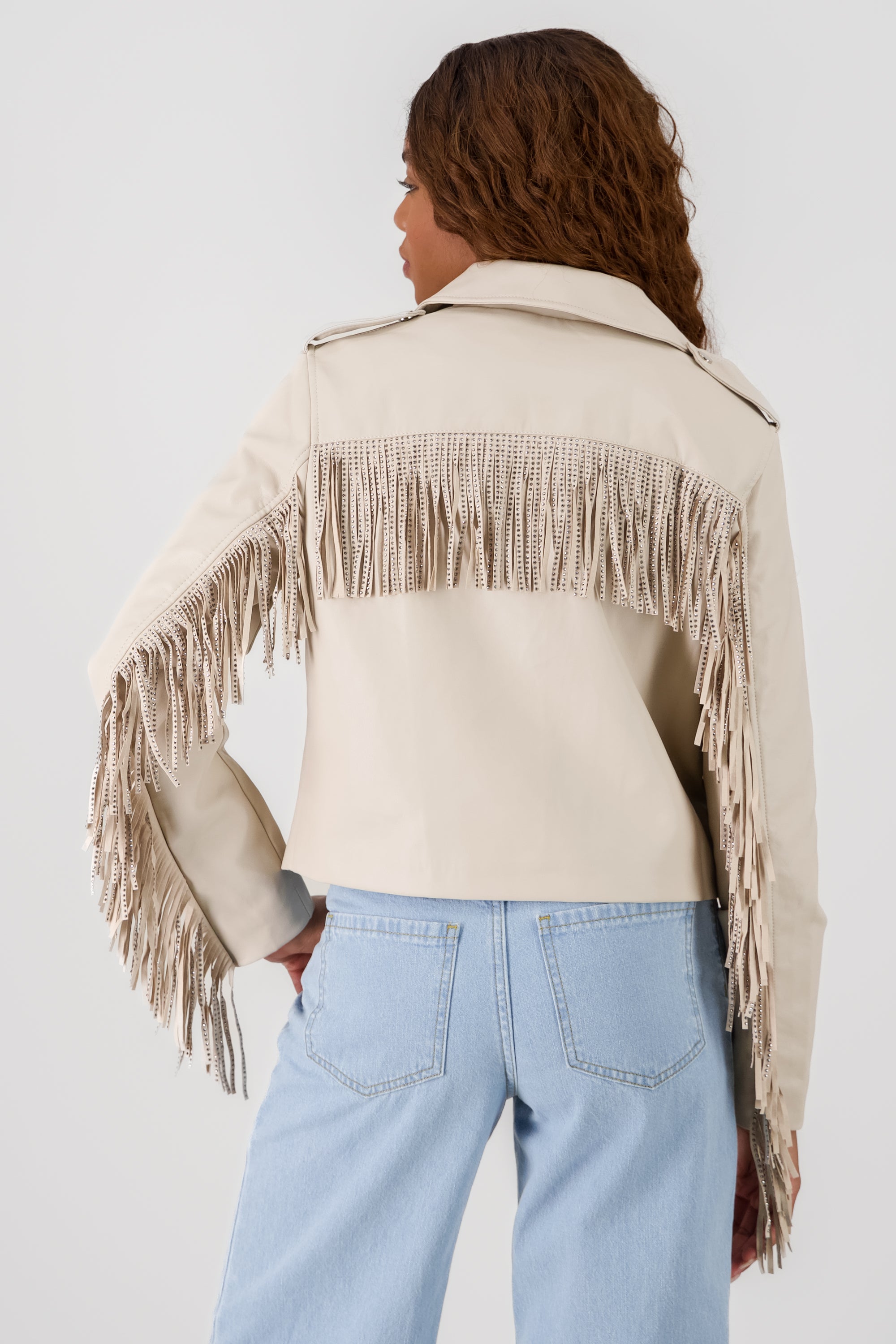 CHAMARRA BIKER FRINGE BRILLOS BEIGE