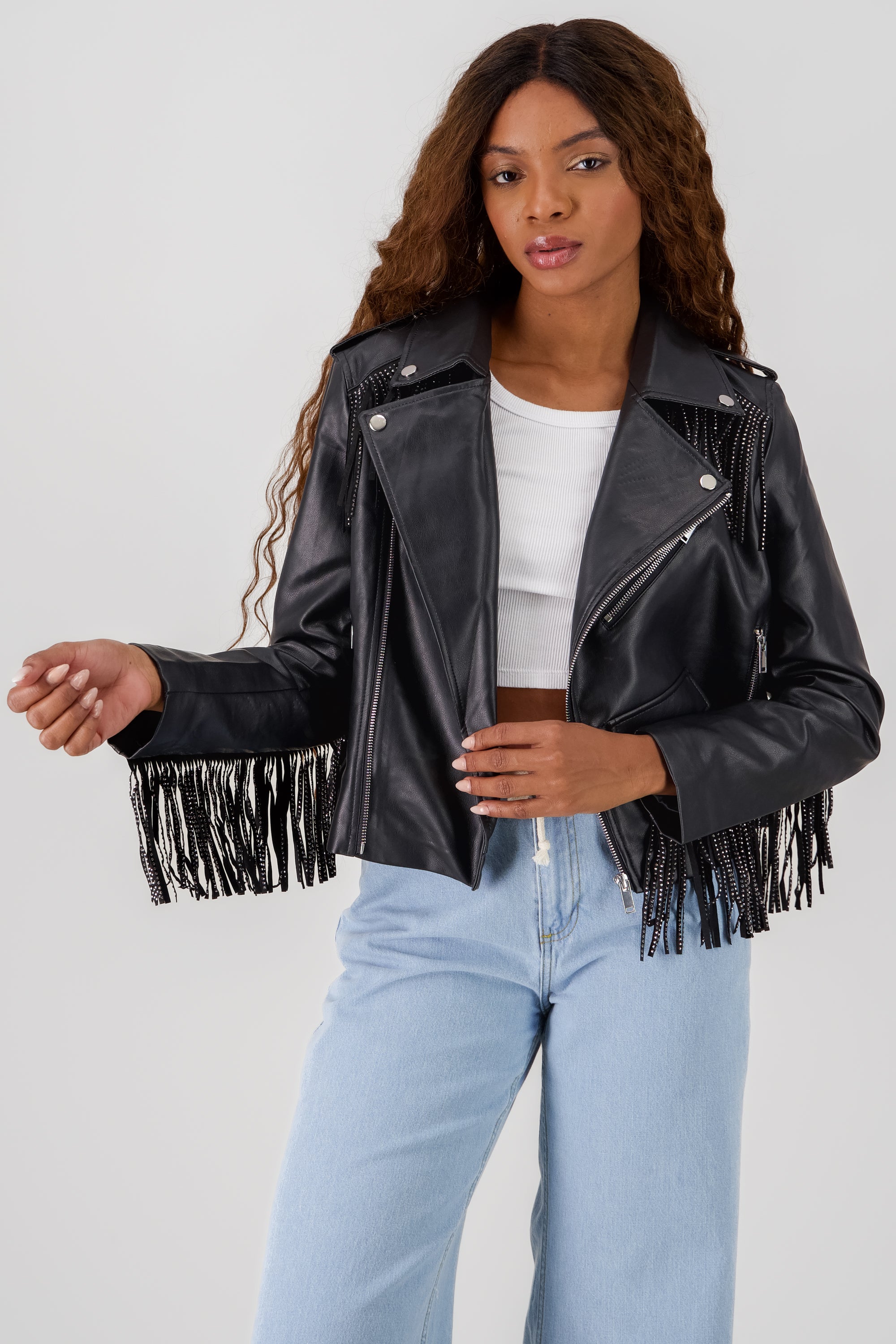 CHAMARRA BIKER FRINGE BRILLOS NEGRO