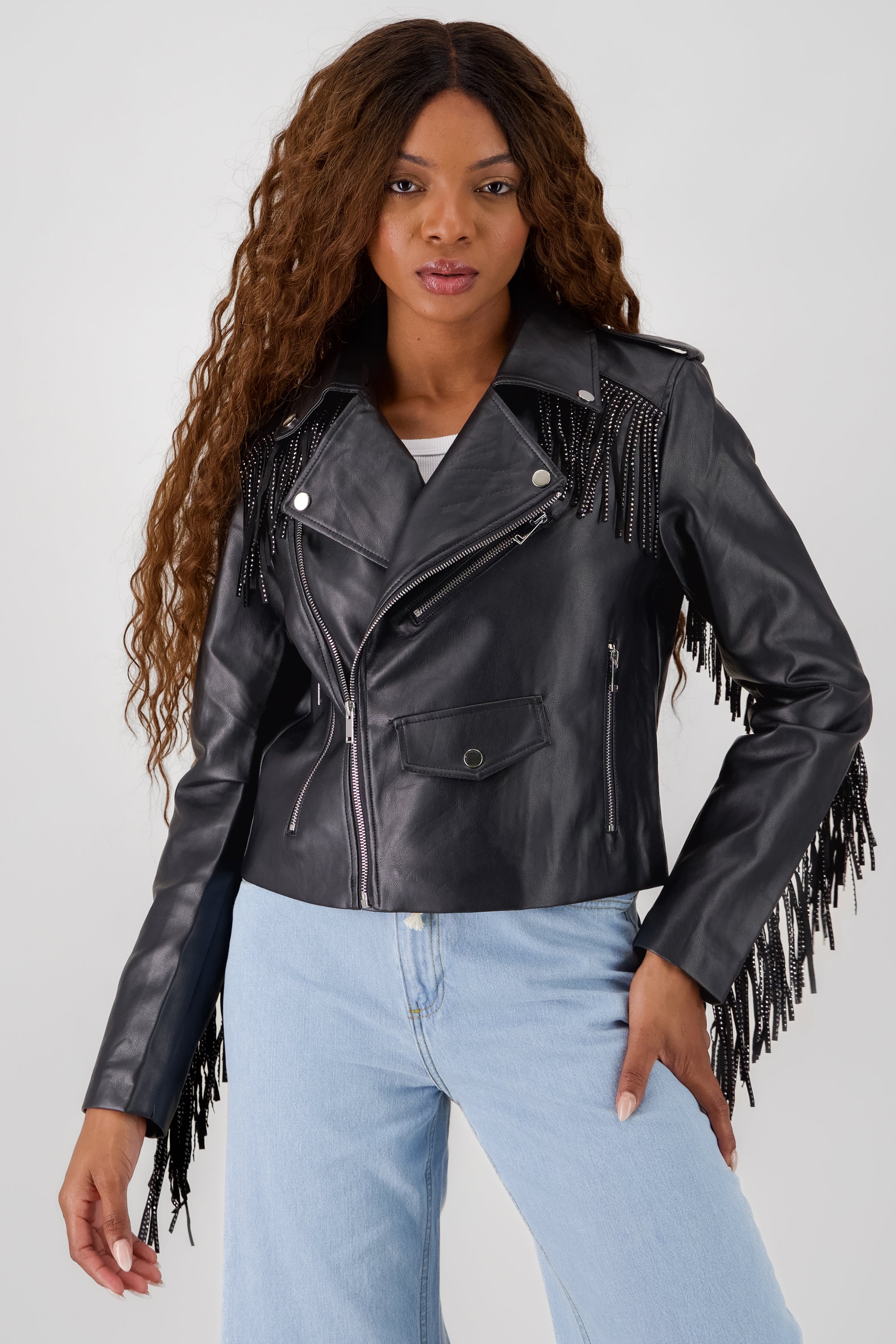 CHAMARRA BIKER FRINGE BRILLOS NEGRO