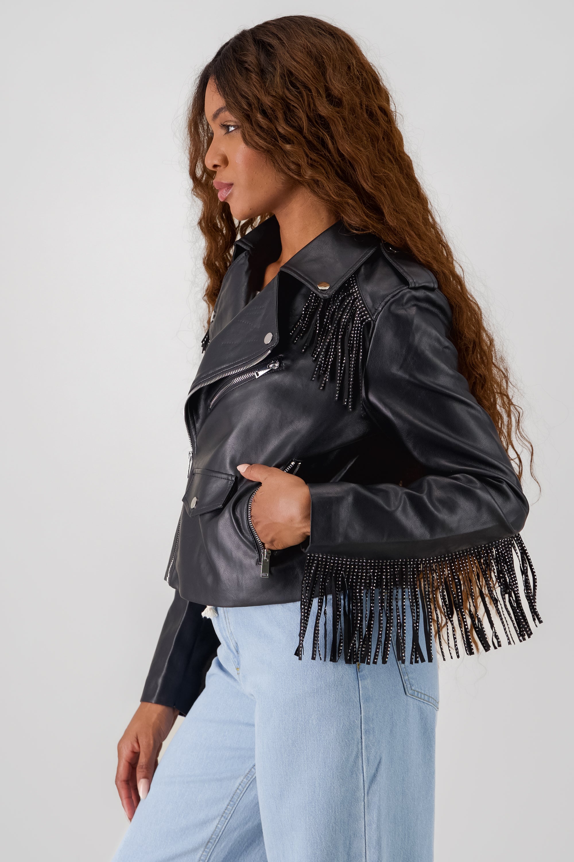 CHAMARRA BIKER FRINGE BRILLOS NEGRO