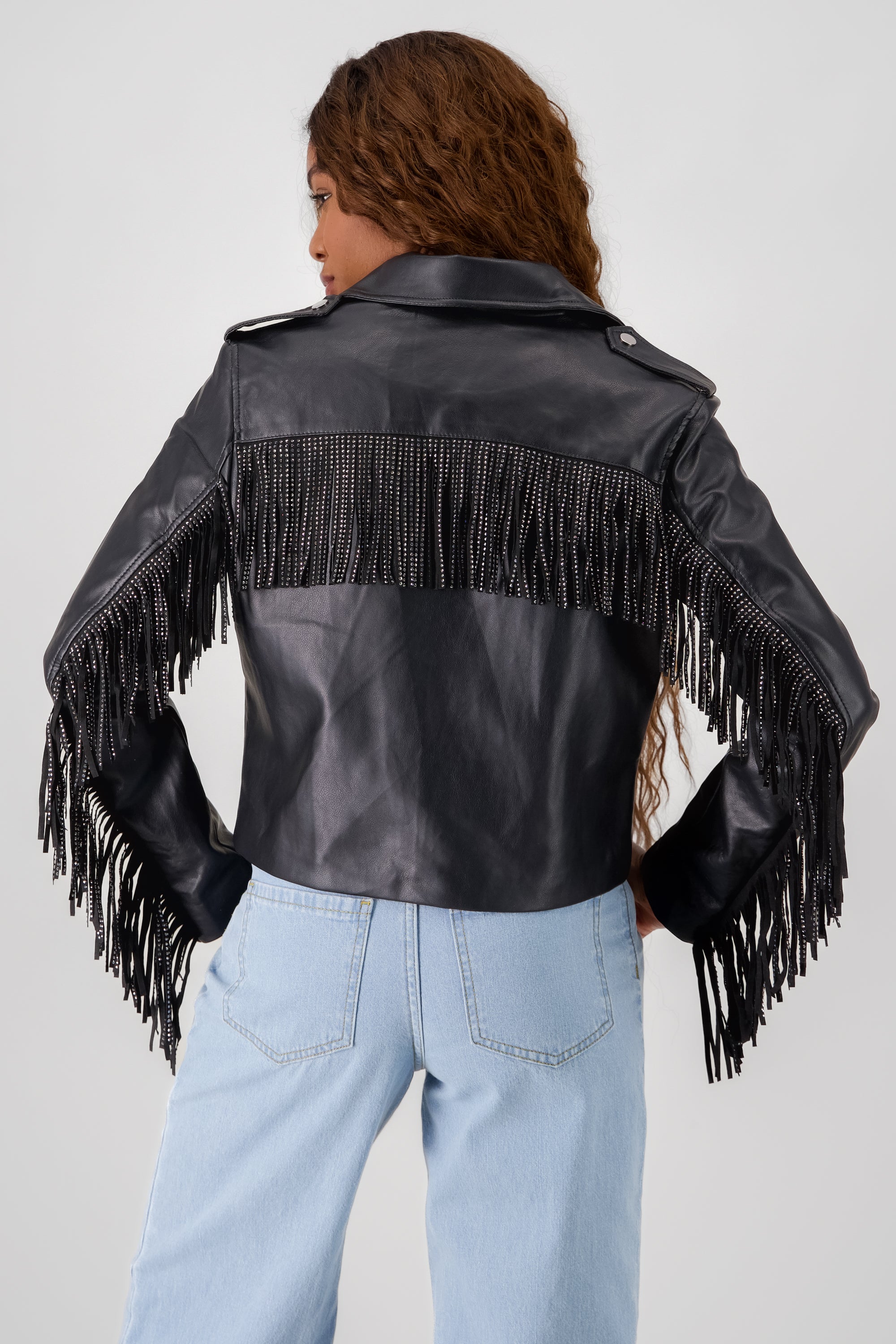 CHAMARRA BIKER FRINGE BRILLOS NEGRO