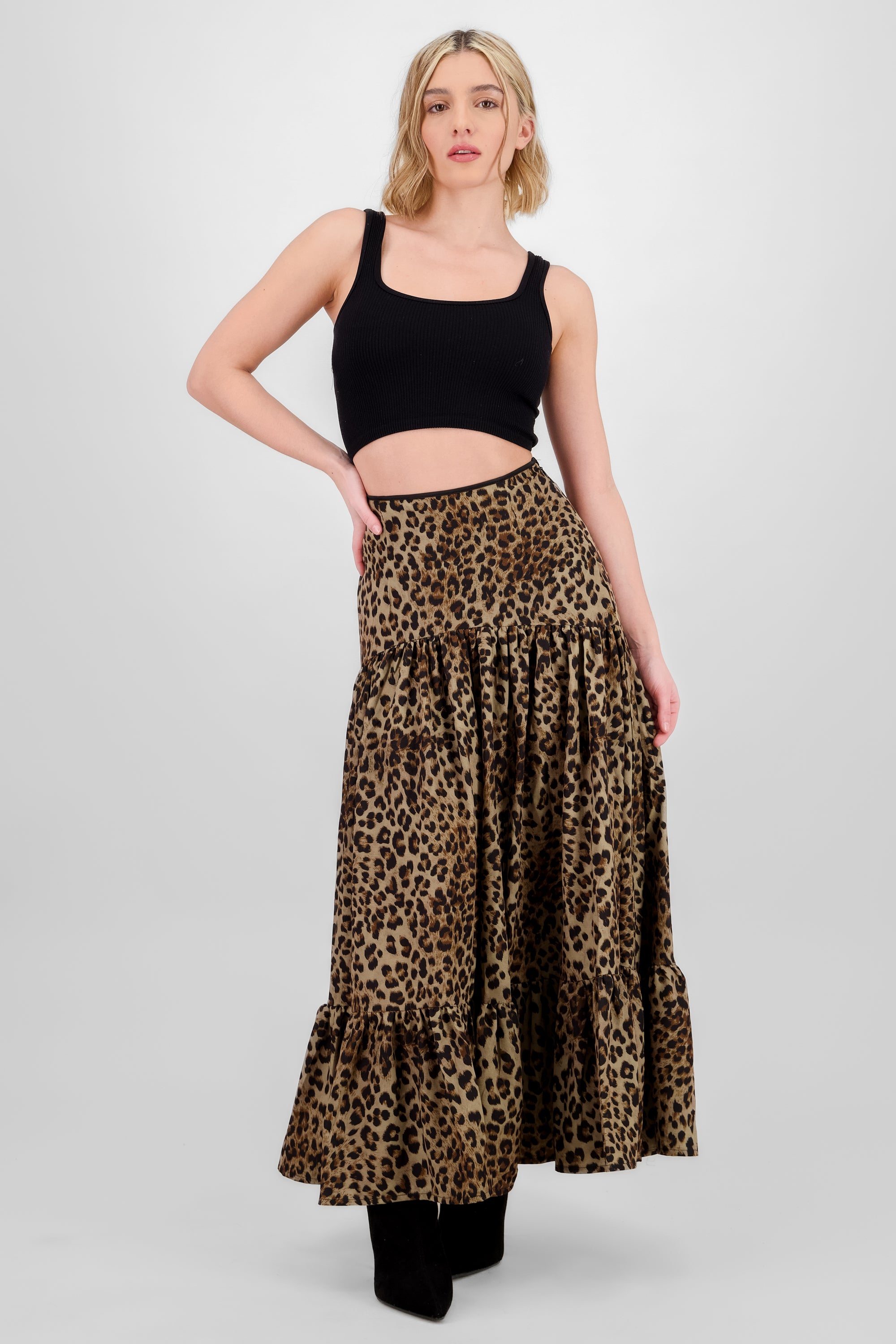 Falda maxi tableada animal print CAFE COMBO