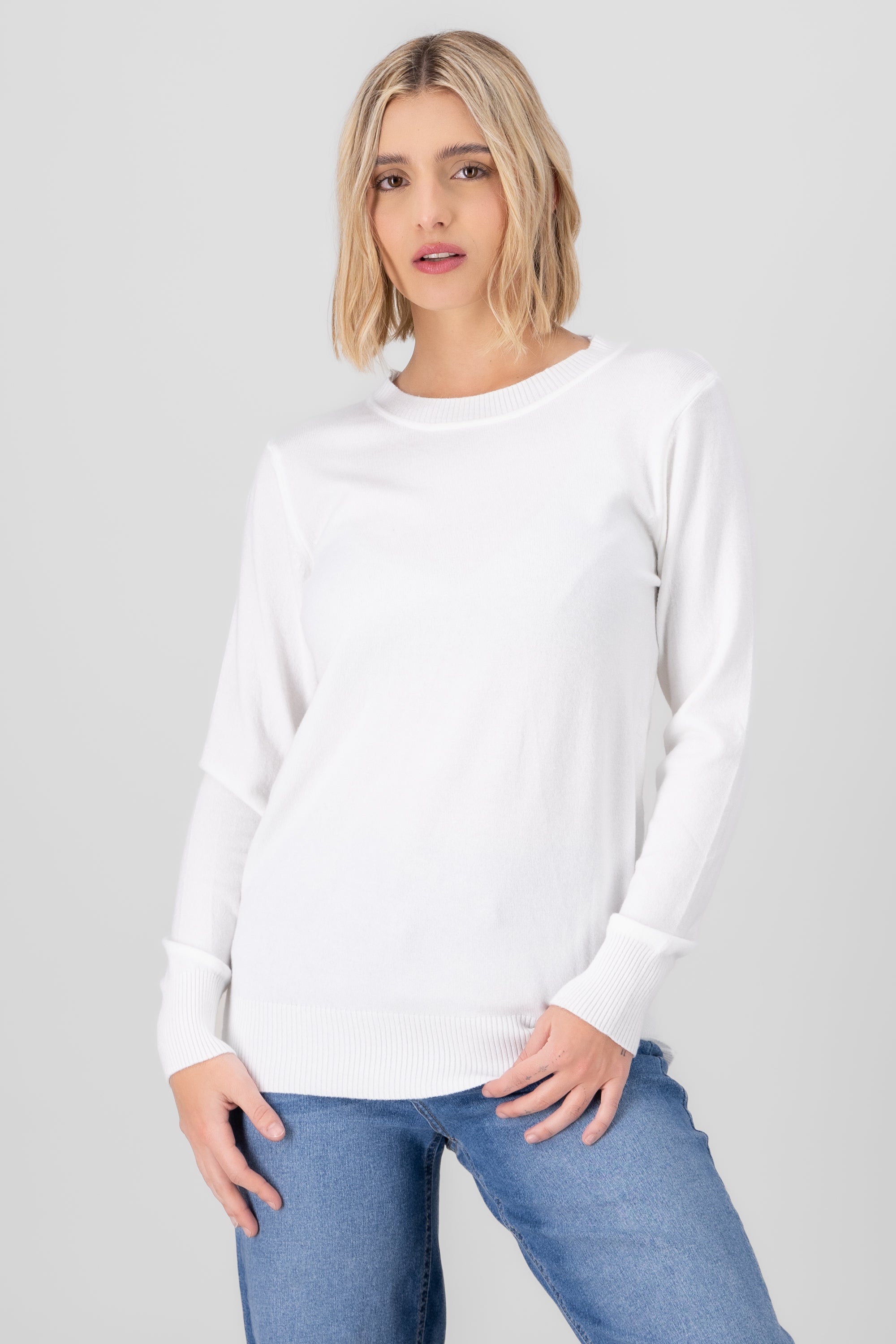 Sueter manga larga tejido cuello redondo BLANCO