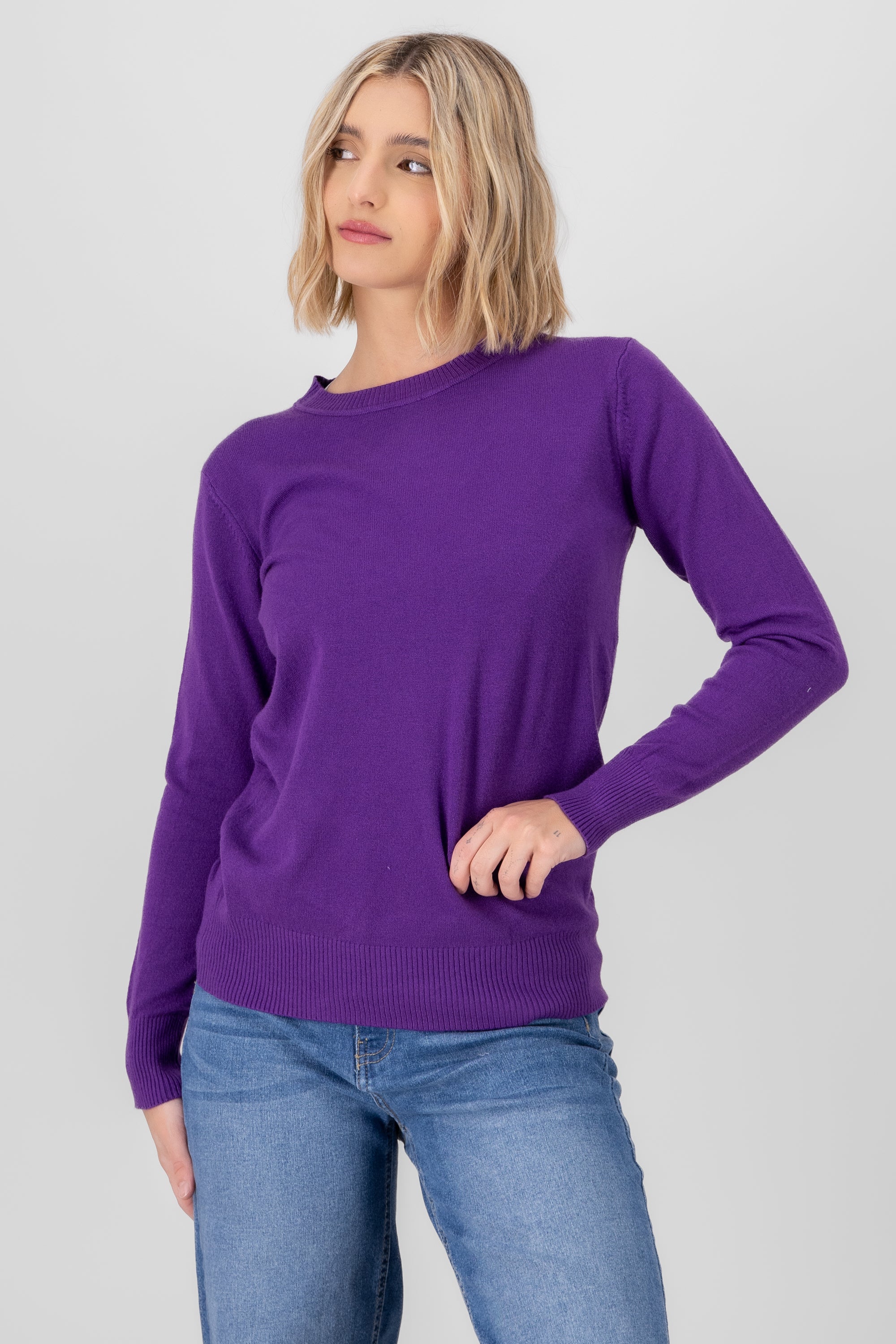 Sueter manga larga tejido cuello redondo MORADO