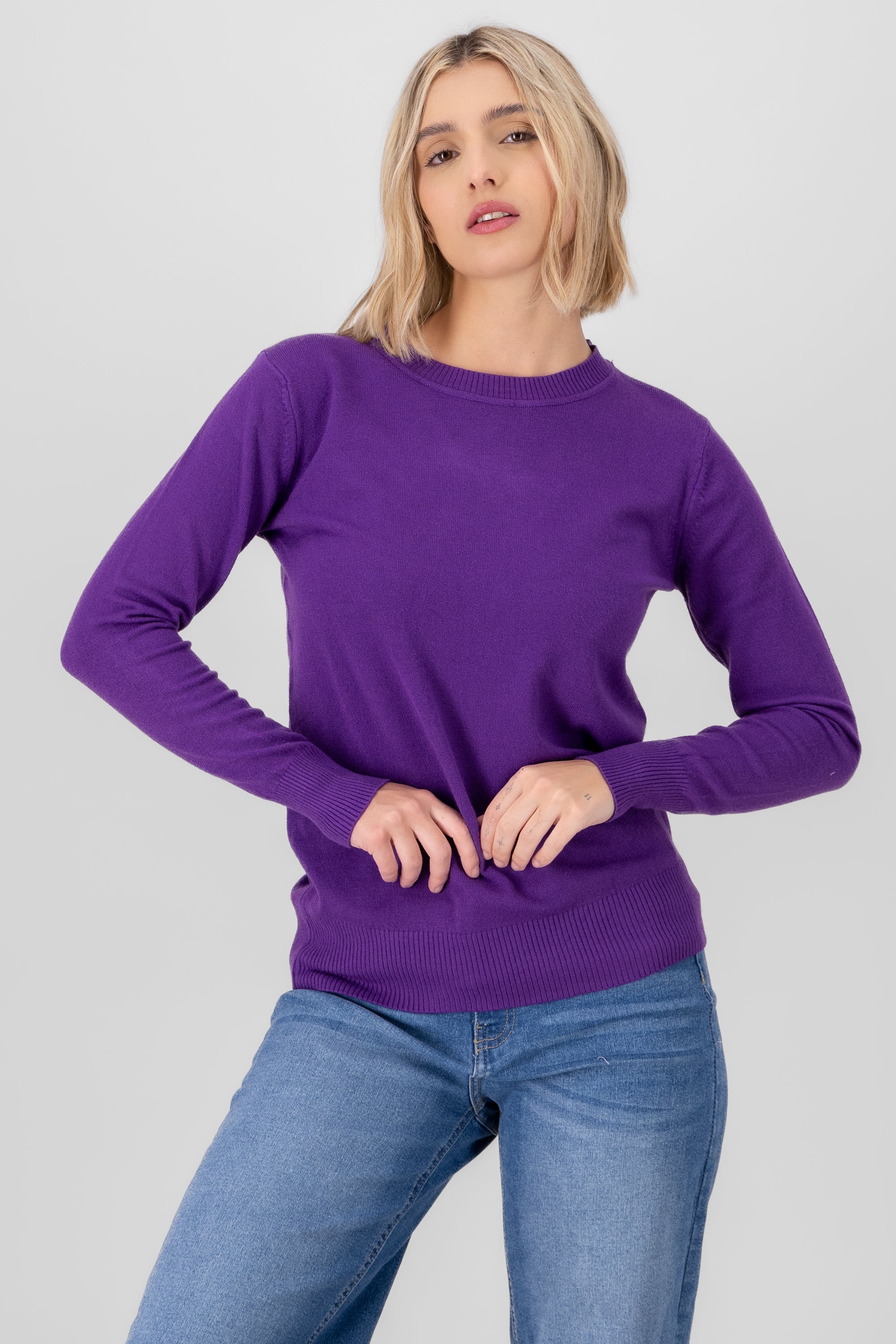 Sueter manga larga tejido cuello redondo MORADO