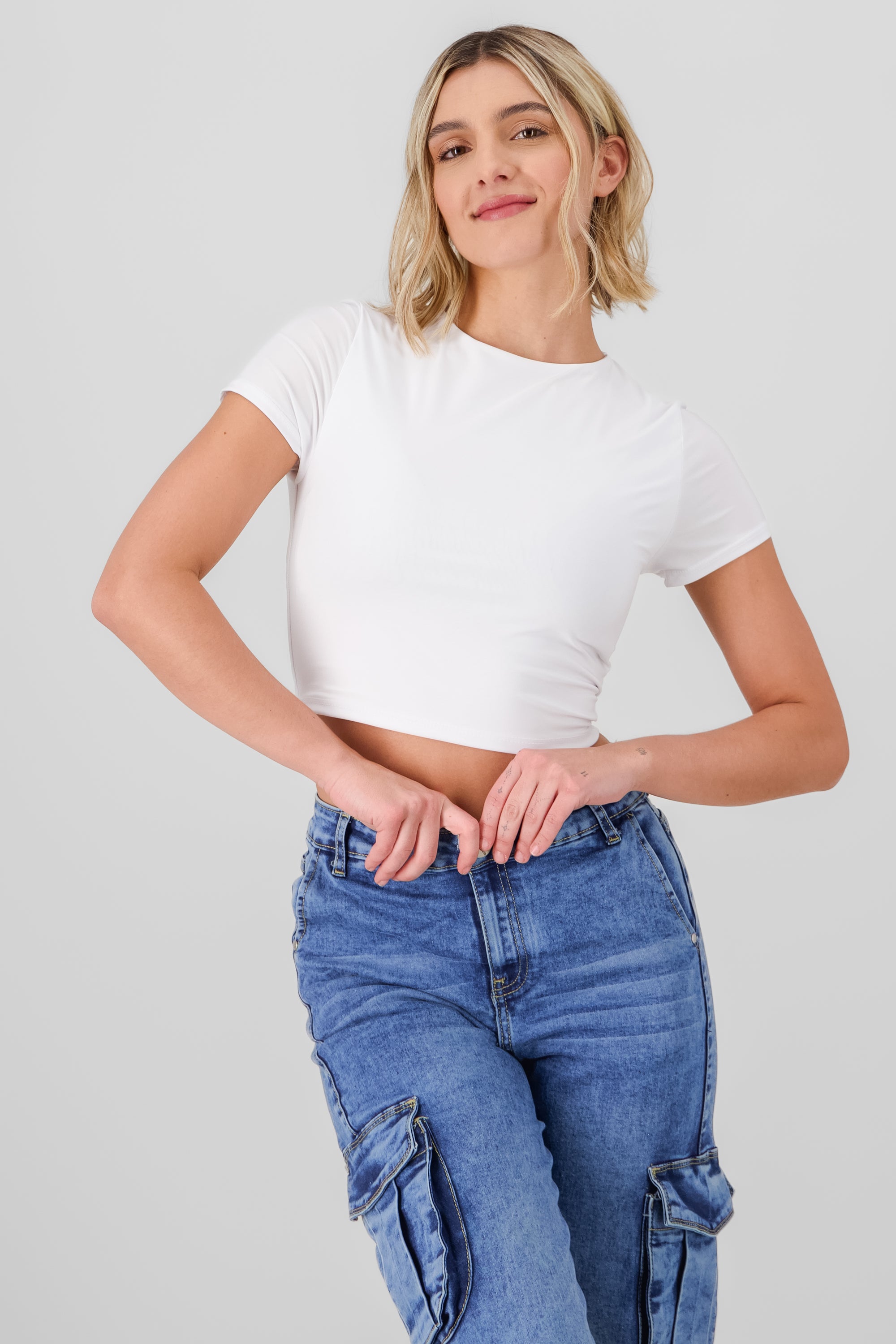 Top crop doble tela manga corta BLANCO