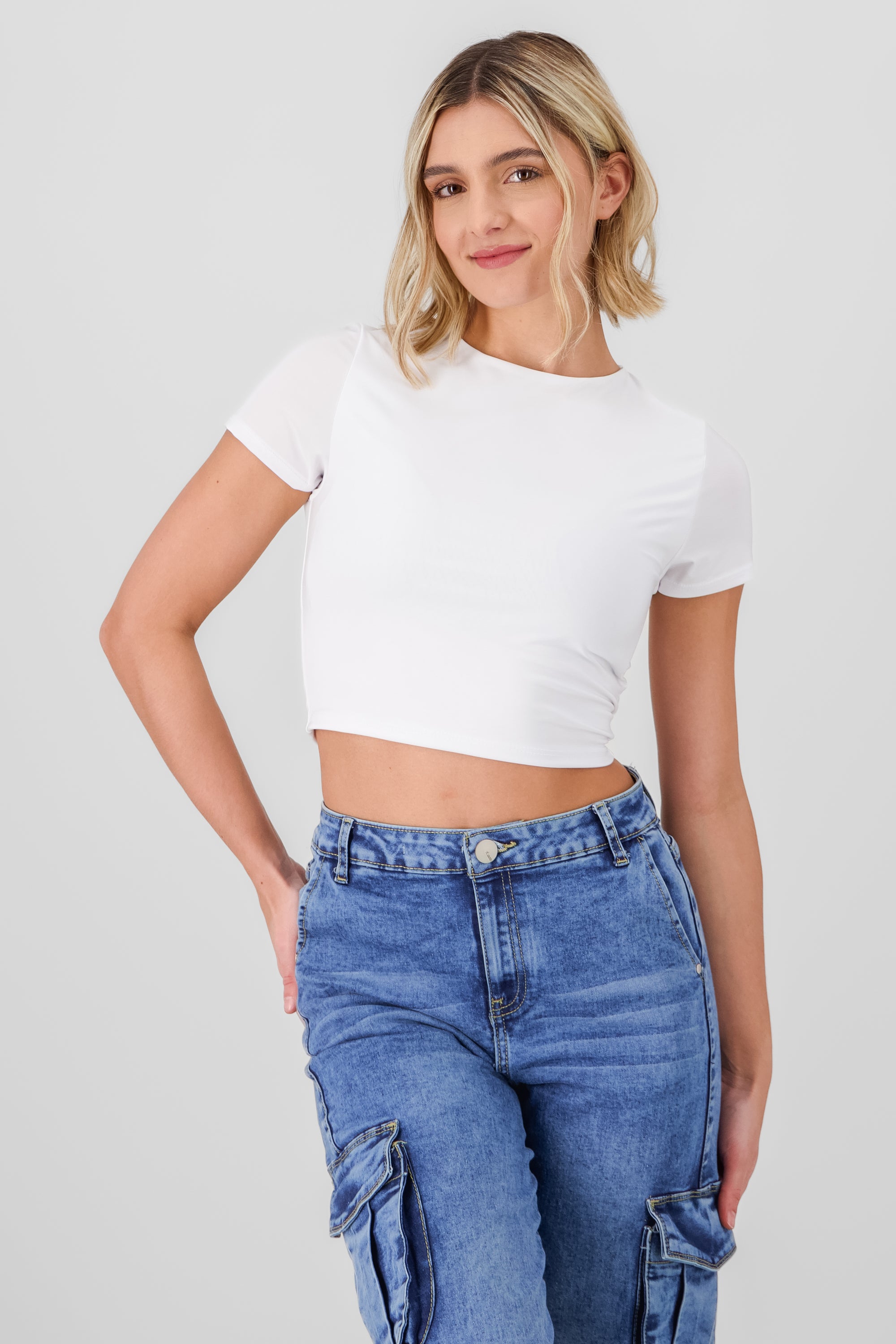 Top crop doble tela manga corta BLANCO