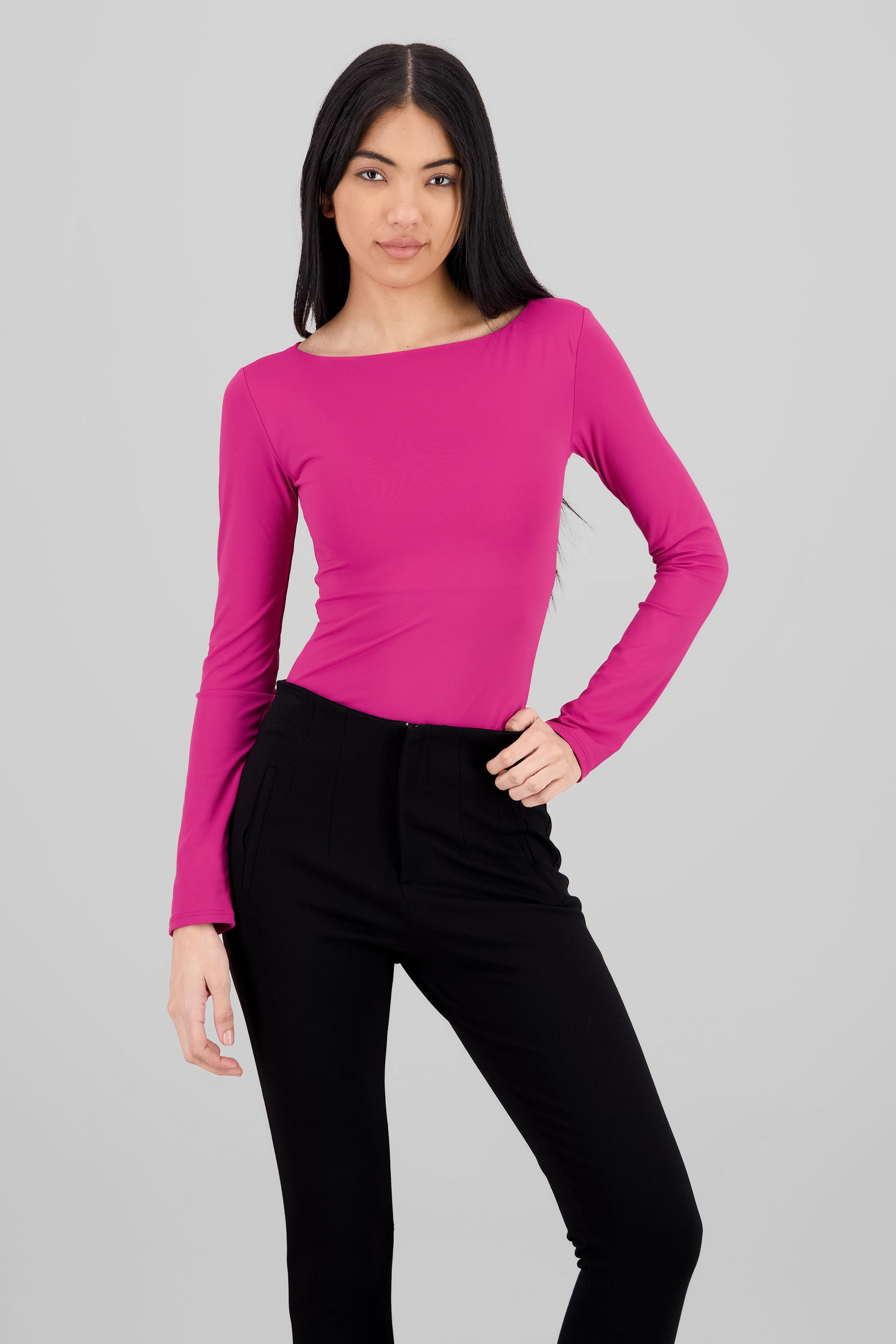 Body manga larga doble tela cuello barco MAGENTA