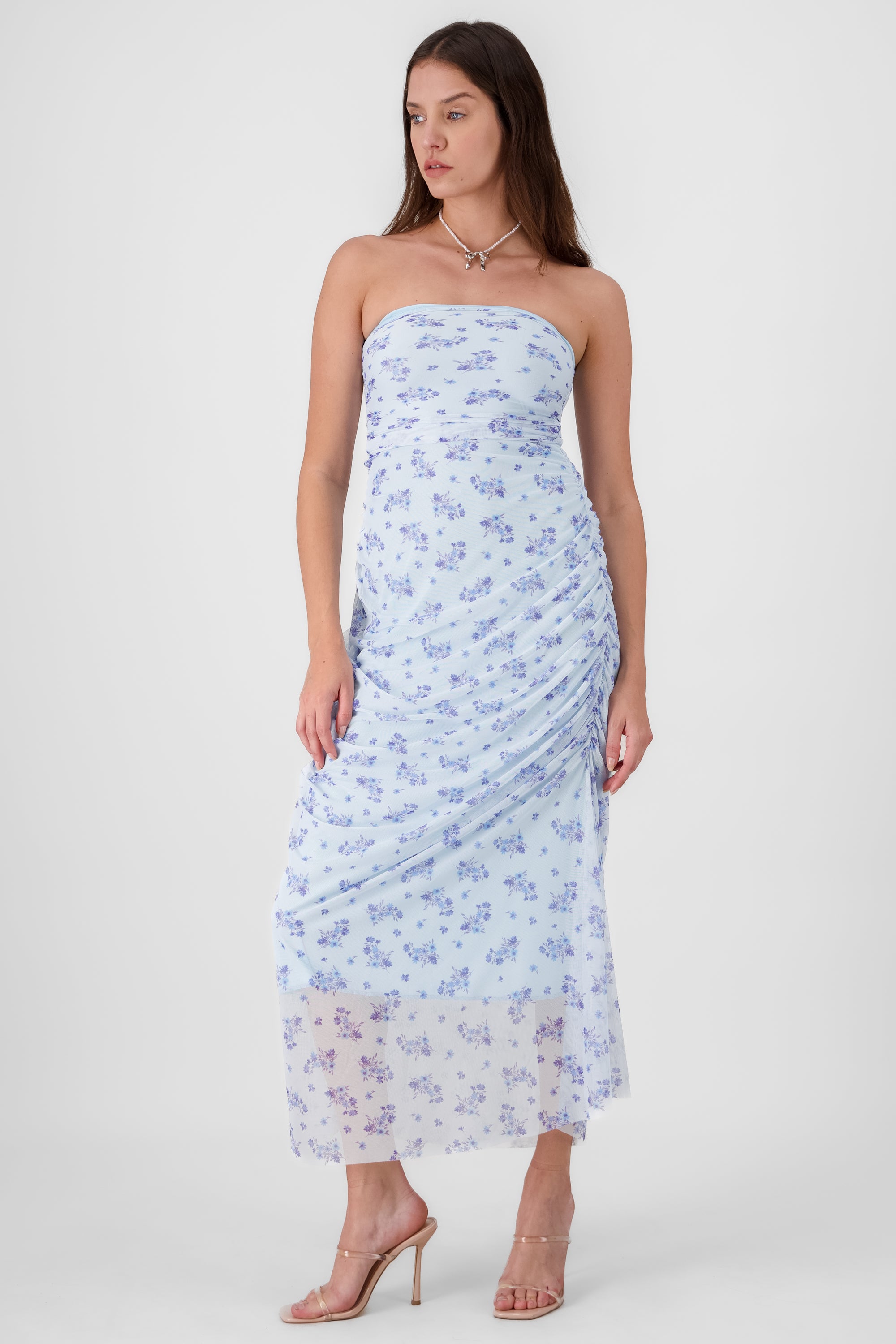 Vestido maxi mesh drapeado AZUL CIELO