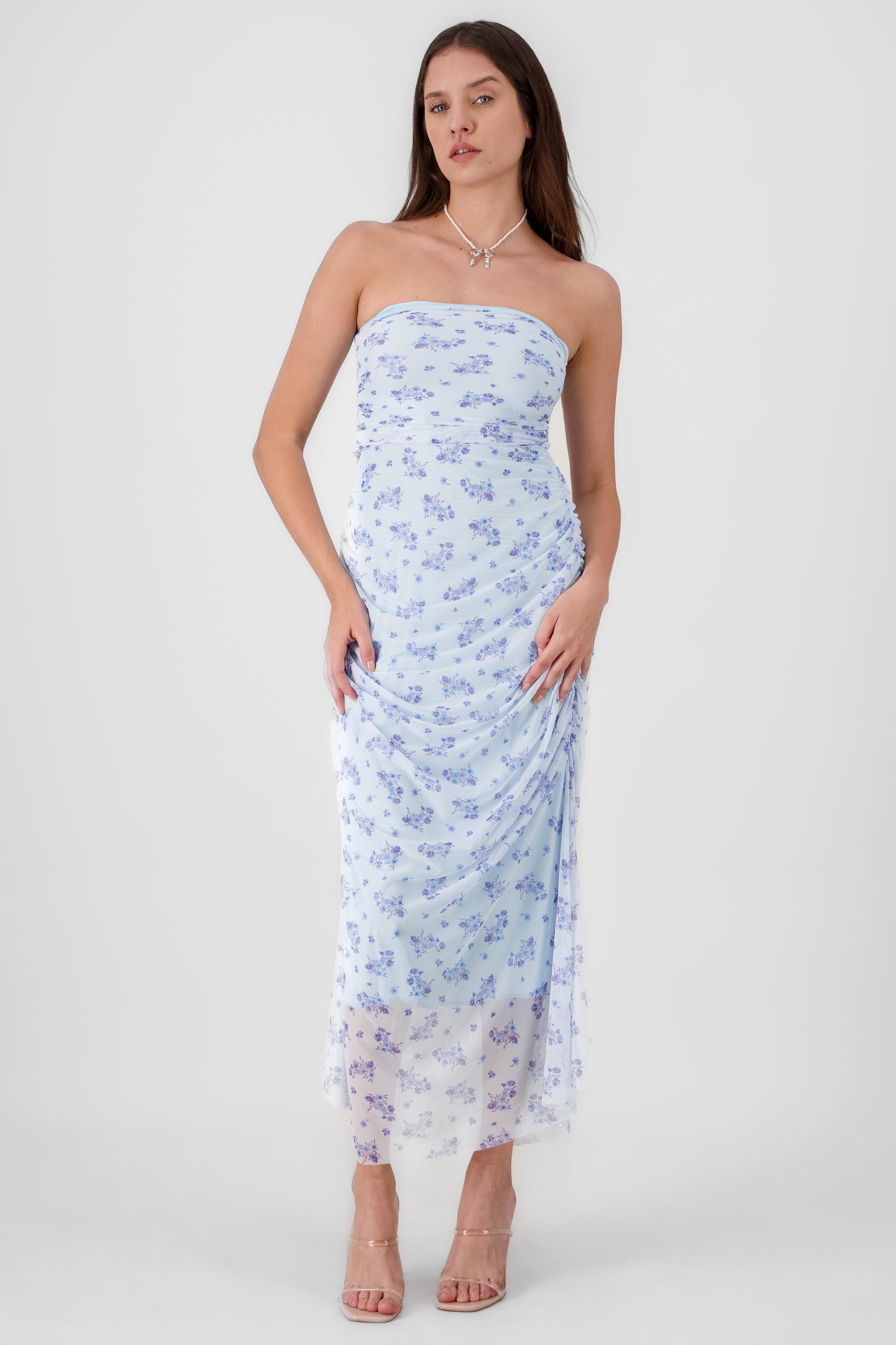 Vestido maxi mesh drapeado AZUL CIELO