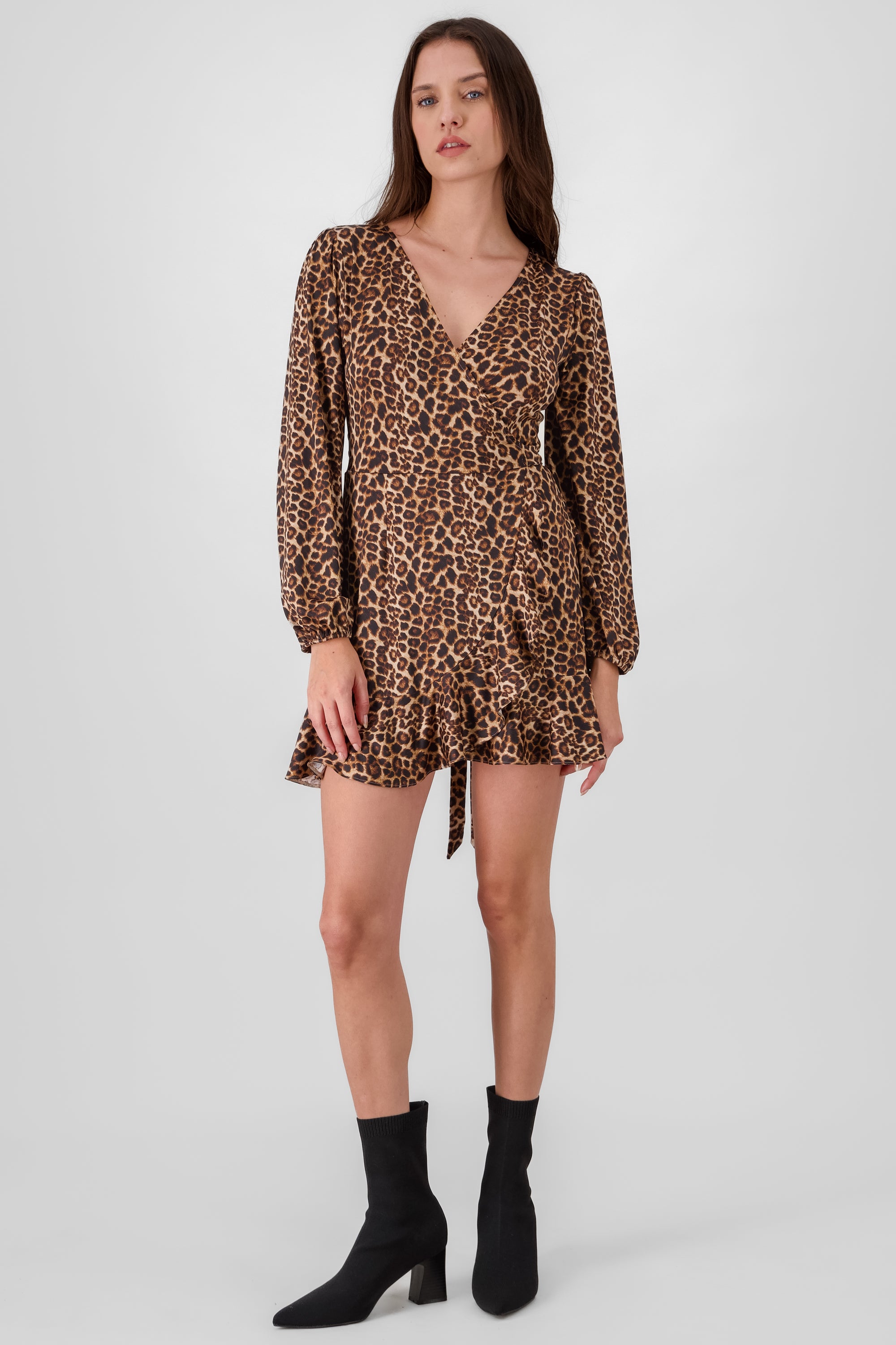 vestido manga larga cuello en v animal print CAFE COMBO