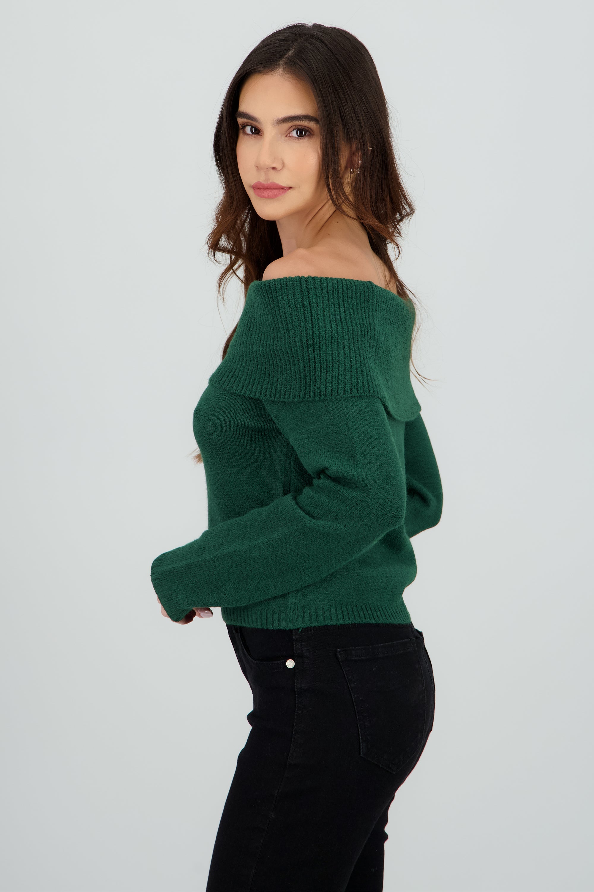 Sueter off shoulder tejido liso VERDE CAZADOR