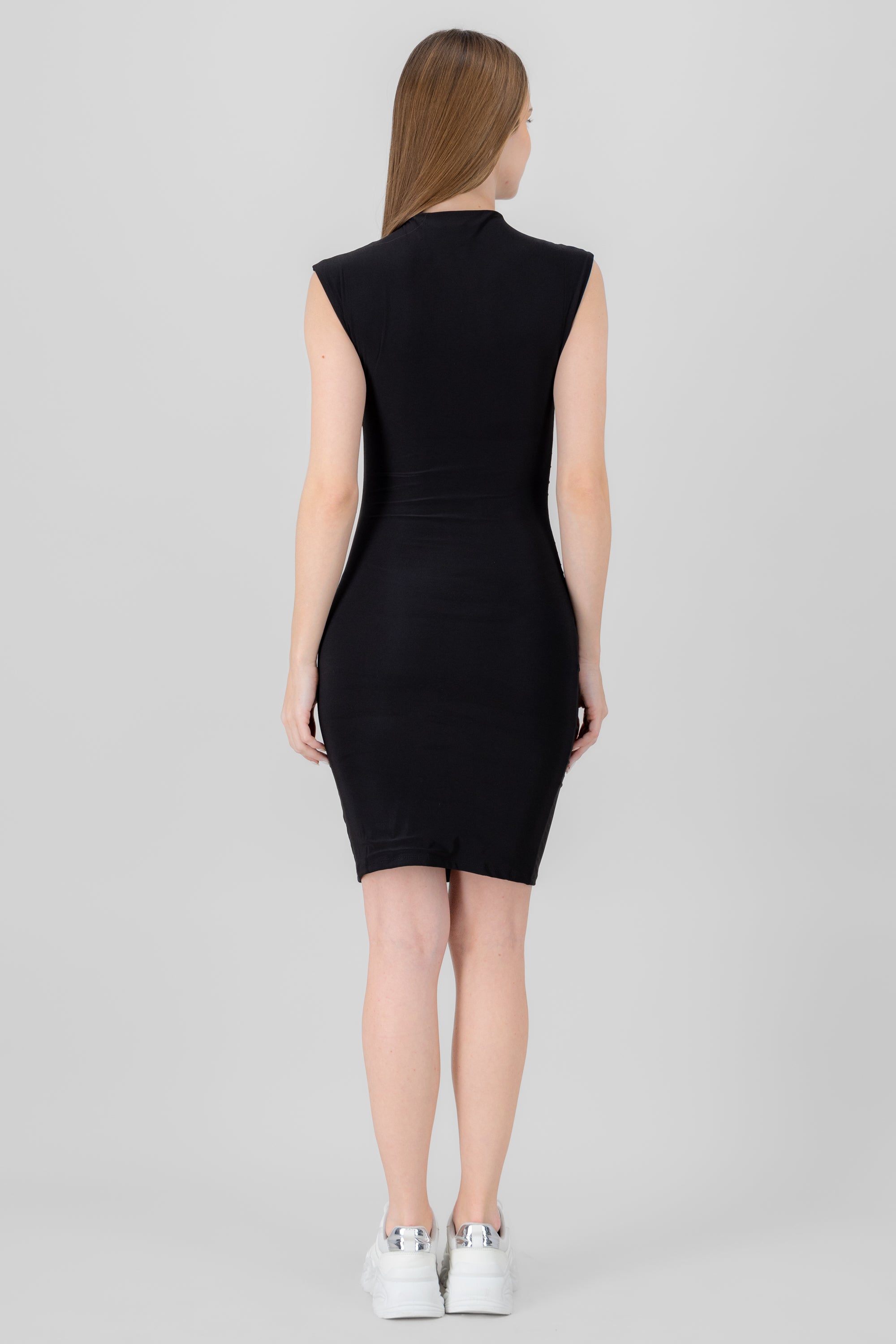 Vestido midi liso cuello alto NEGRO