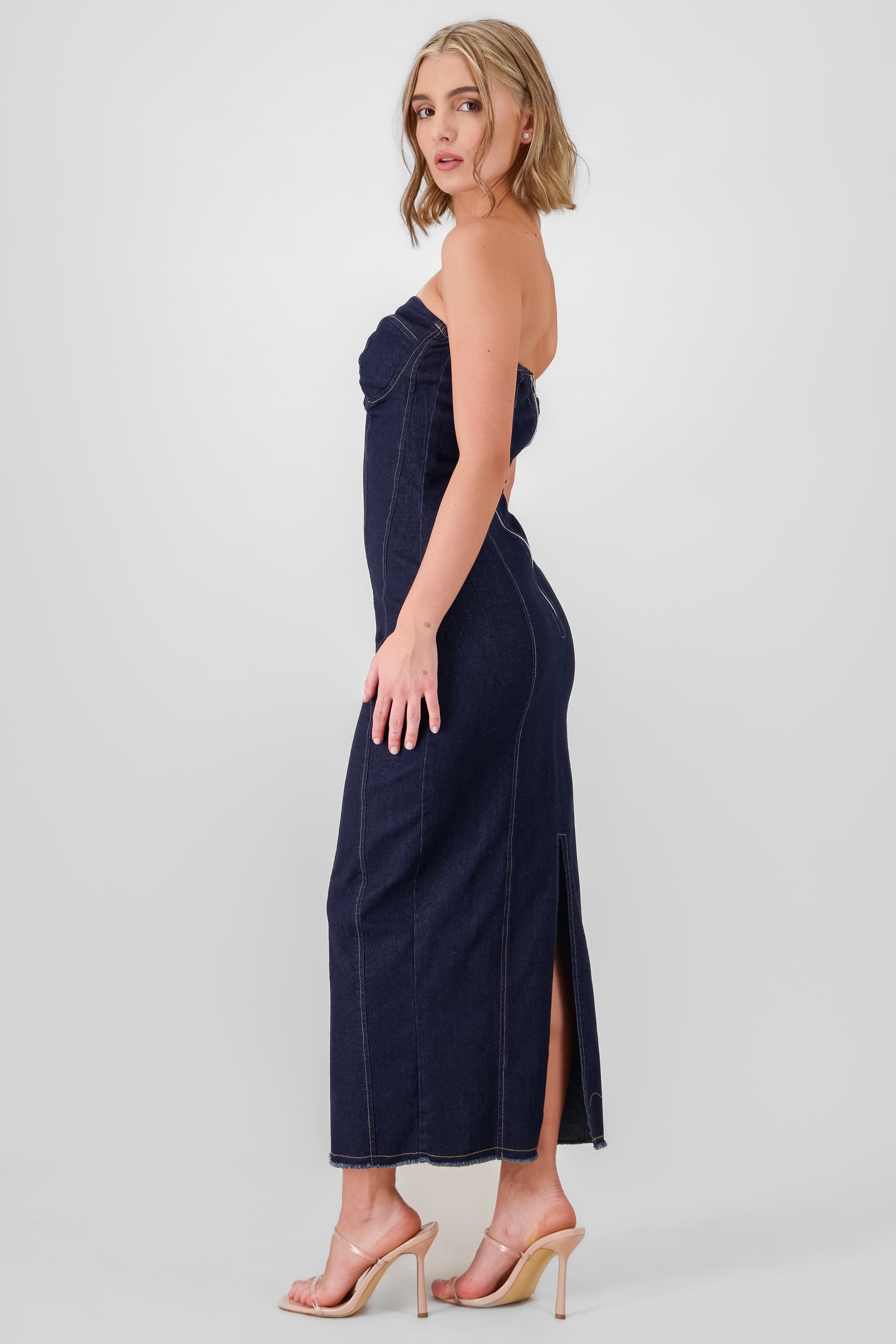 Vestido midi denim strapless Hypsters DARK WASH