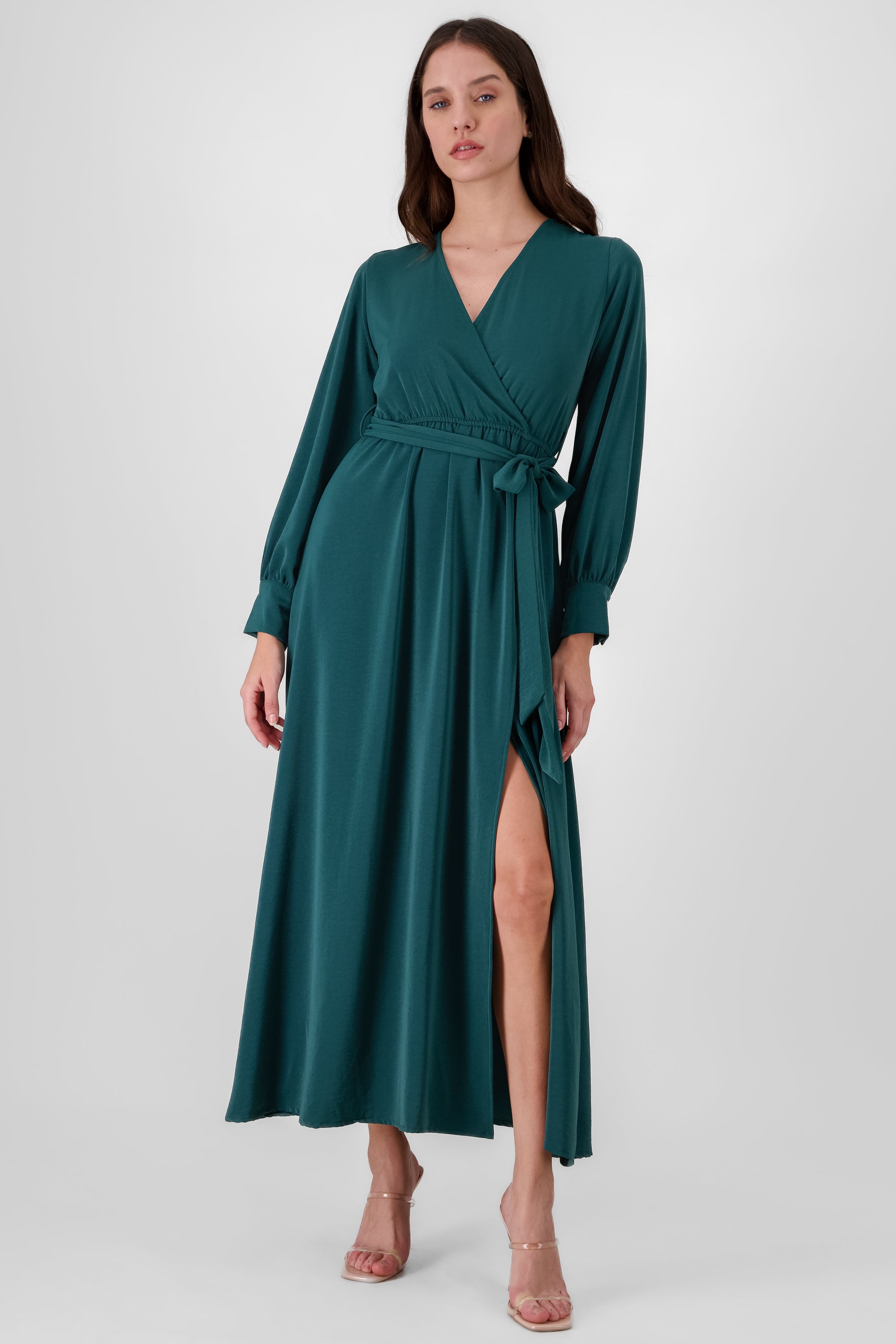 Vestido maxi manga larga con cinta escote V Hypste VERDE CAZADOR